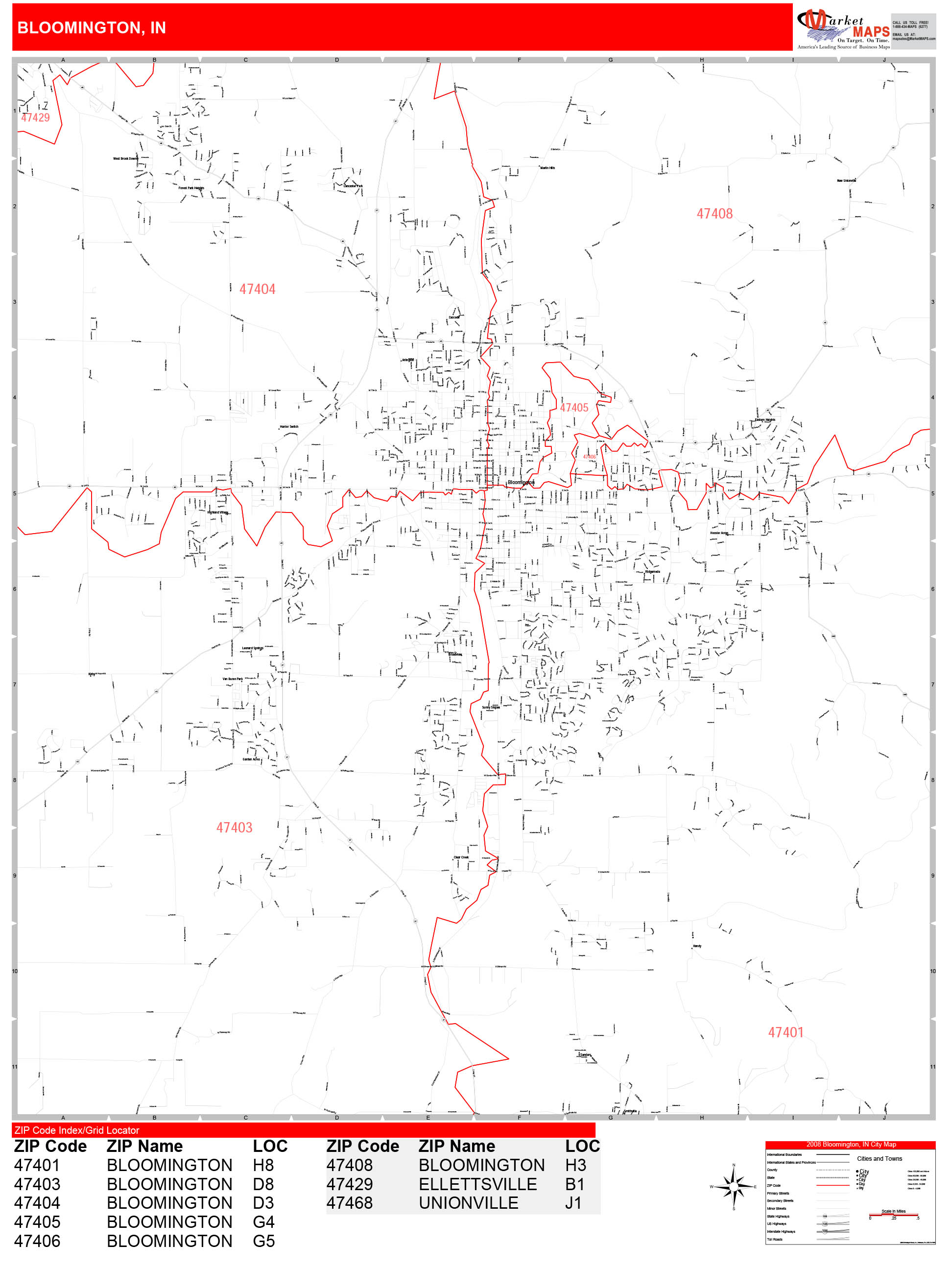 Bloomington Indiana Zip Code Wall Map (Red Line Style) by MarketMAPS