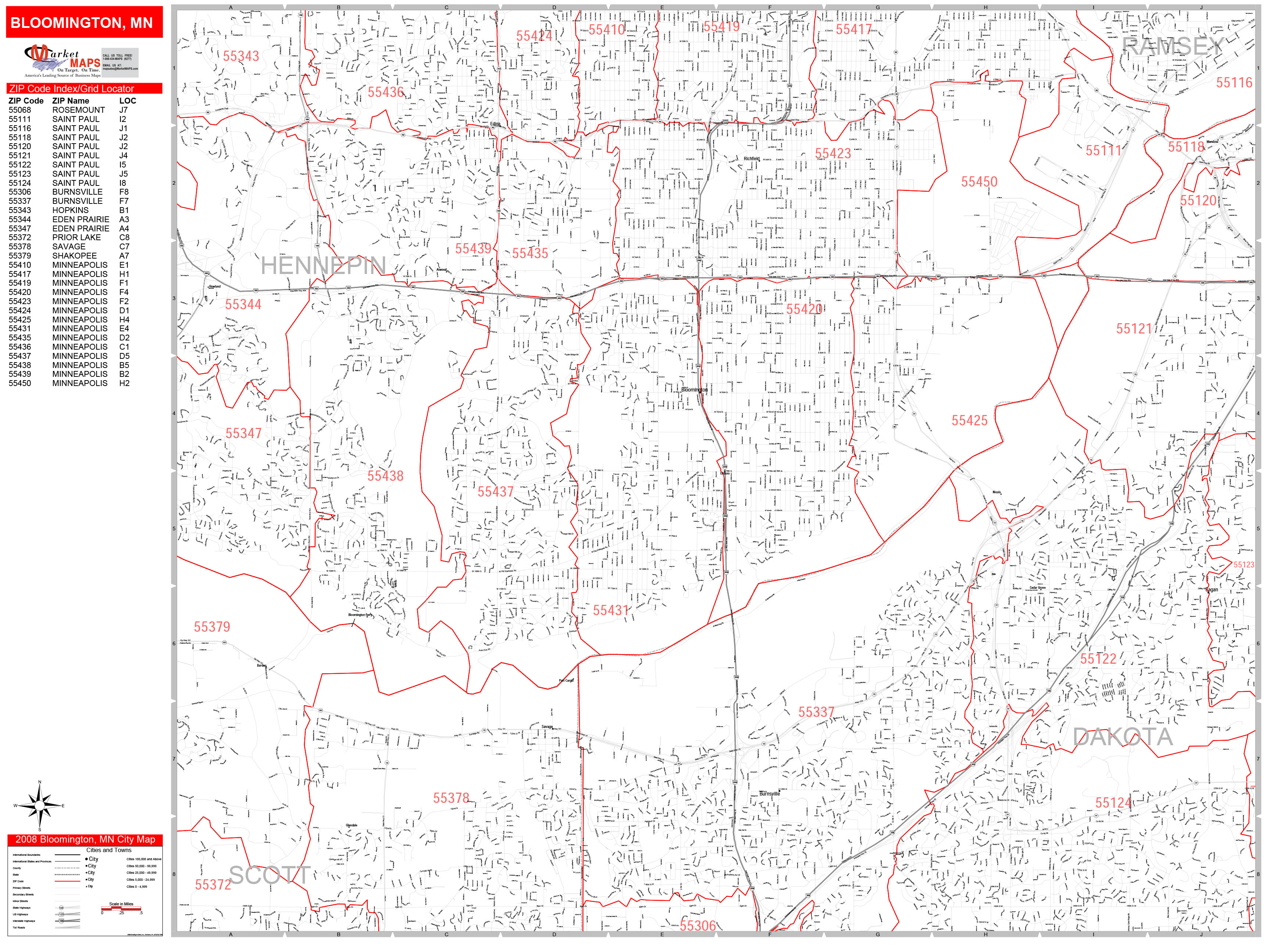 Bloomington Minnesota Zip Code Wall Map (Red Line Style) by MarketMAPS ...