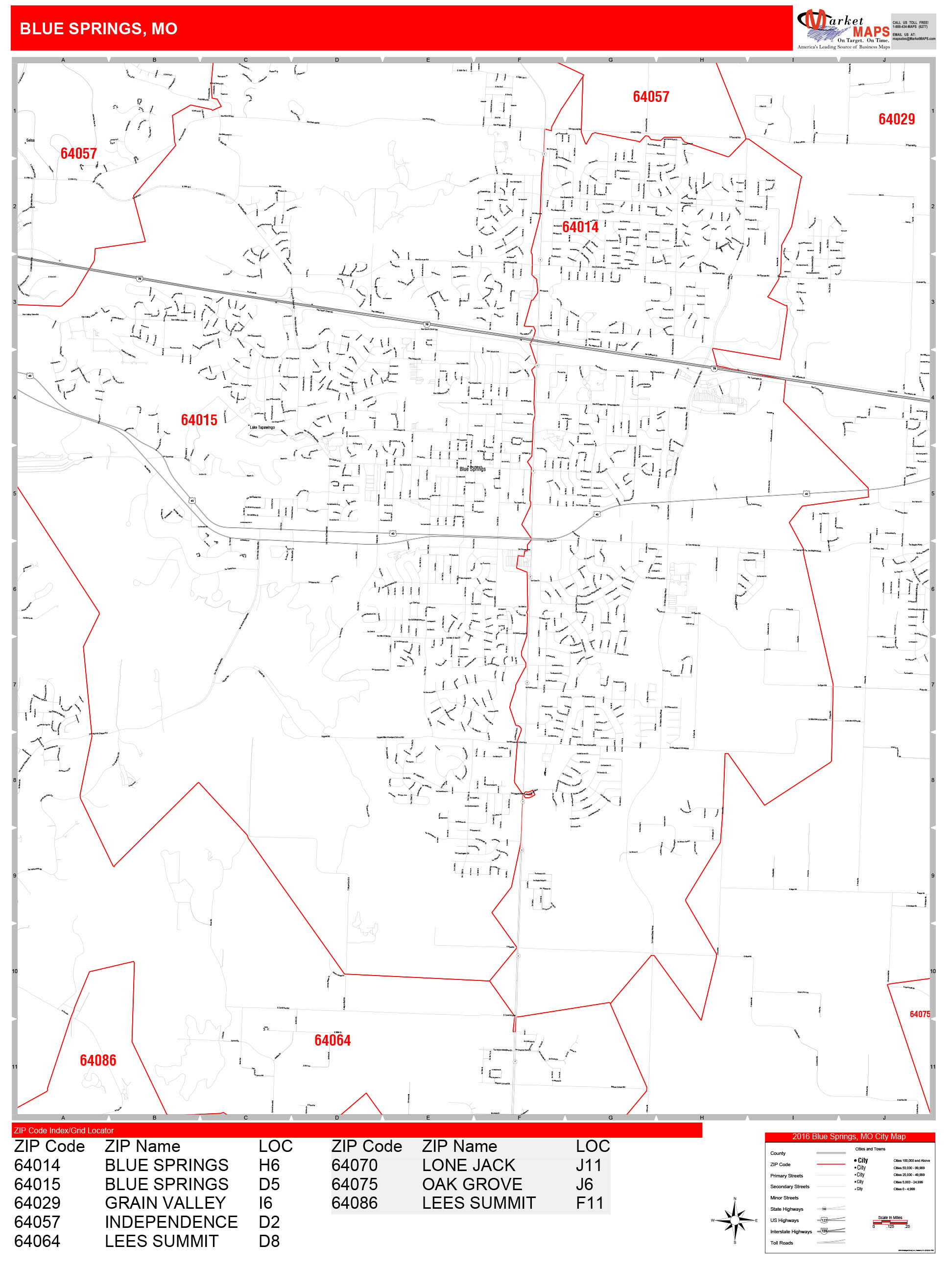 Blue Springs Missouri Zip Code Wall Map (Red Line Style) by MarketMAPS