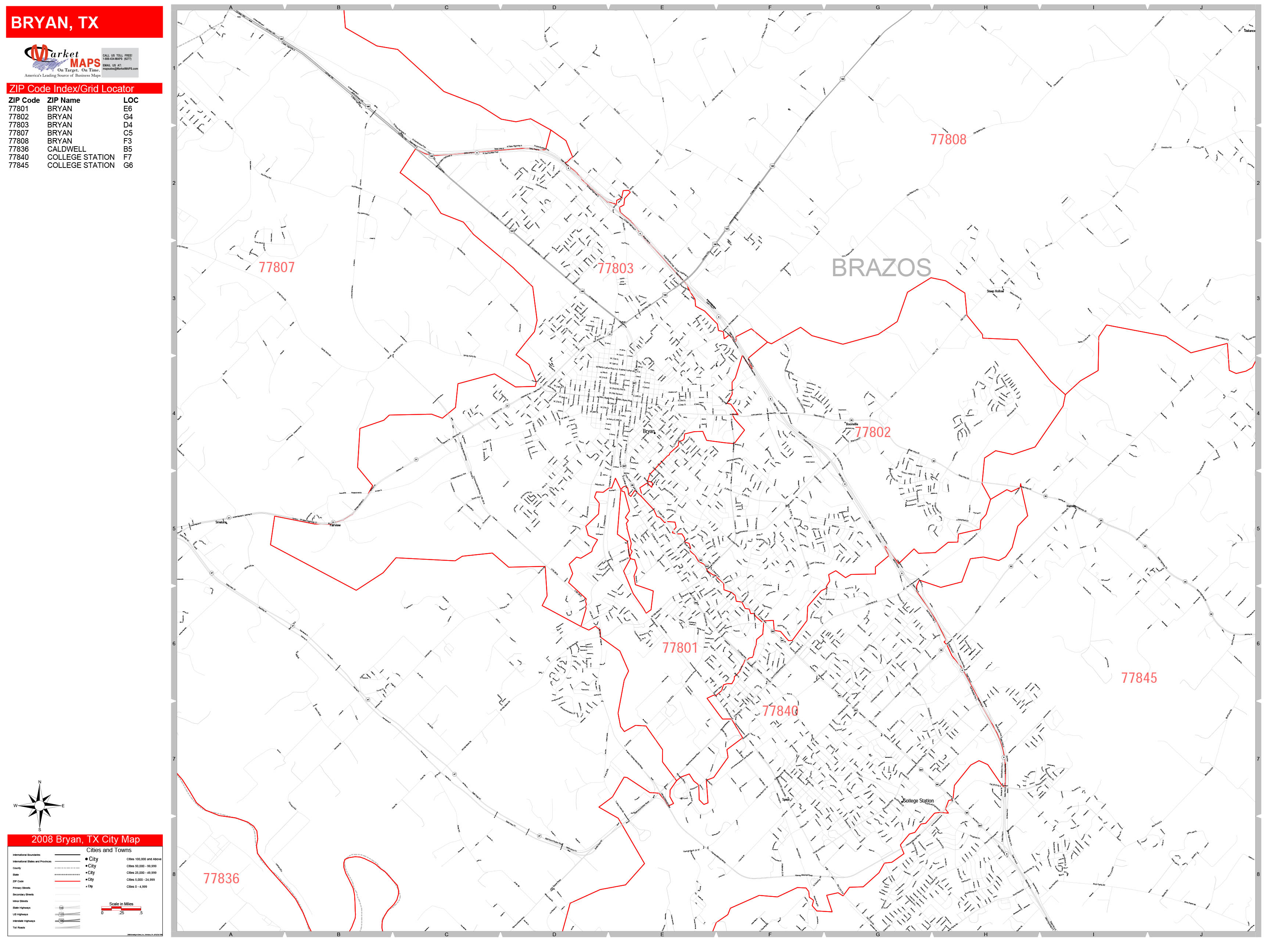 Bryan Texas Zip Code Wall Map (Red Line Style) by MarketMAPS - MapSales.com