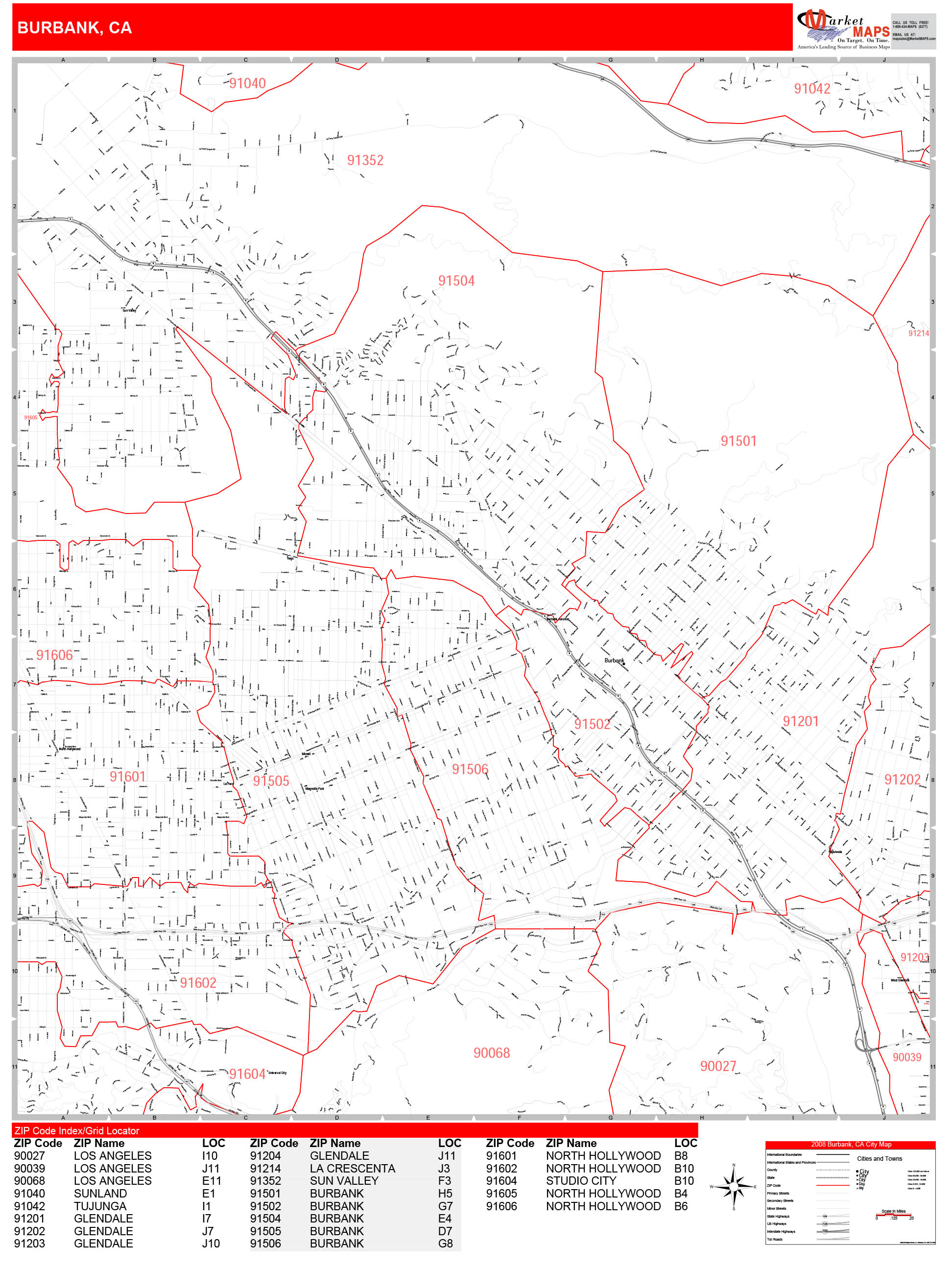 Burbank California Zip Code Wall Map (Red Line Style) by MarketMAPS 