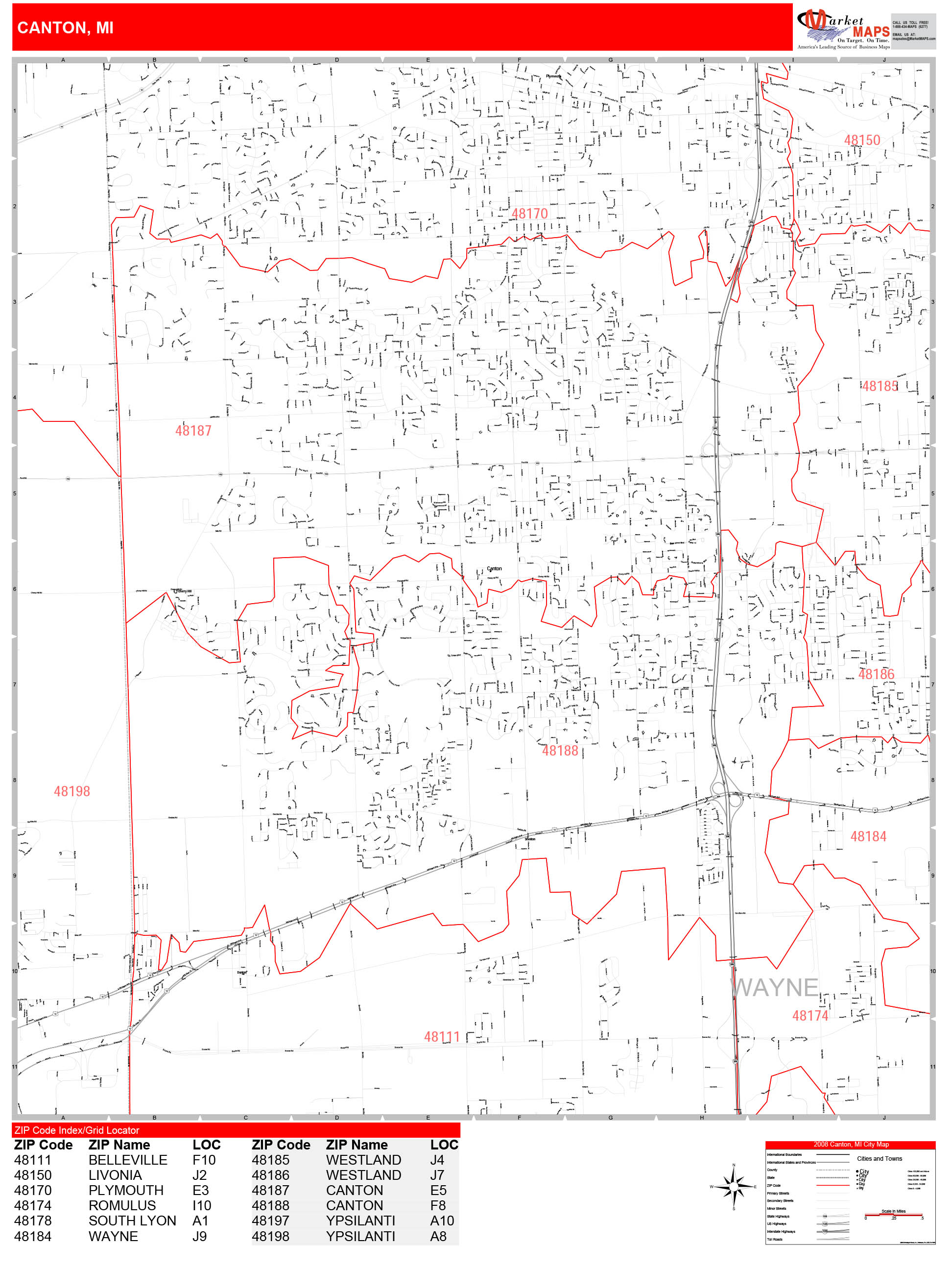 Canton Michigan Zip Code Wall Map (Red Line Style) by MarketMAPS