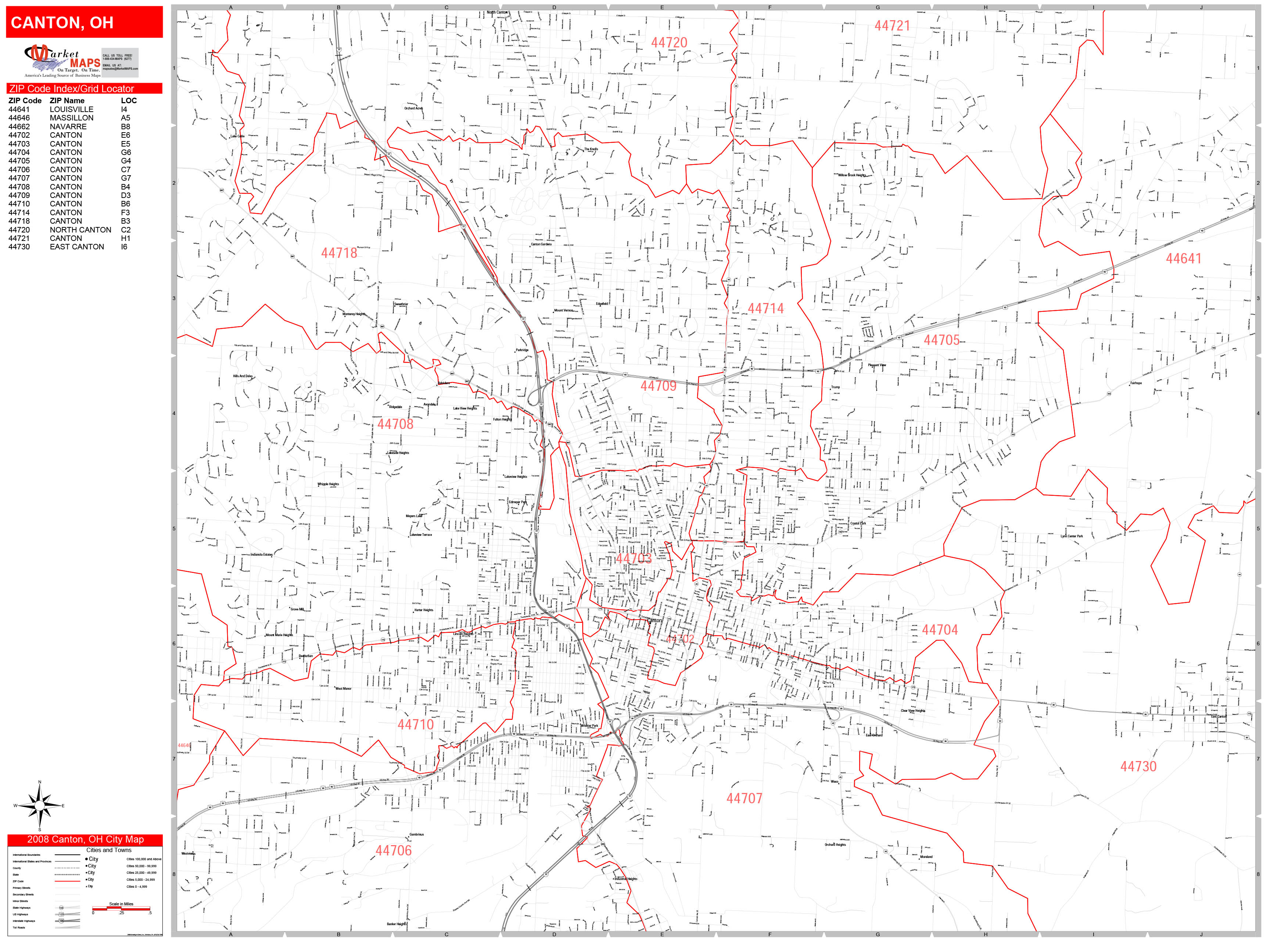 Canton Ohio Zip Code Wall Map (Red Line Style) by MarketMAPS MapSales