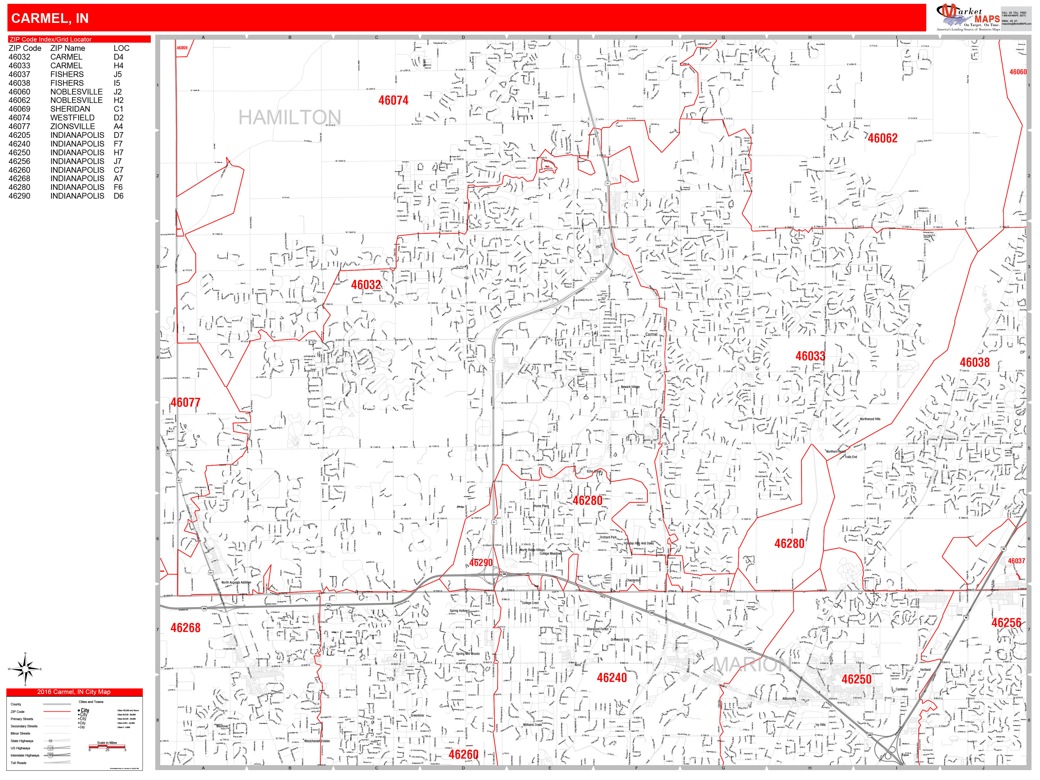 Carmel Indiana Zip Code Wall Map (Red Line Style) by MarketMAPS ...