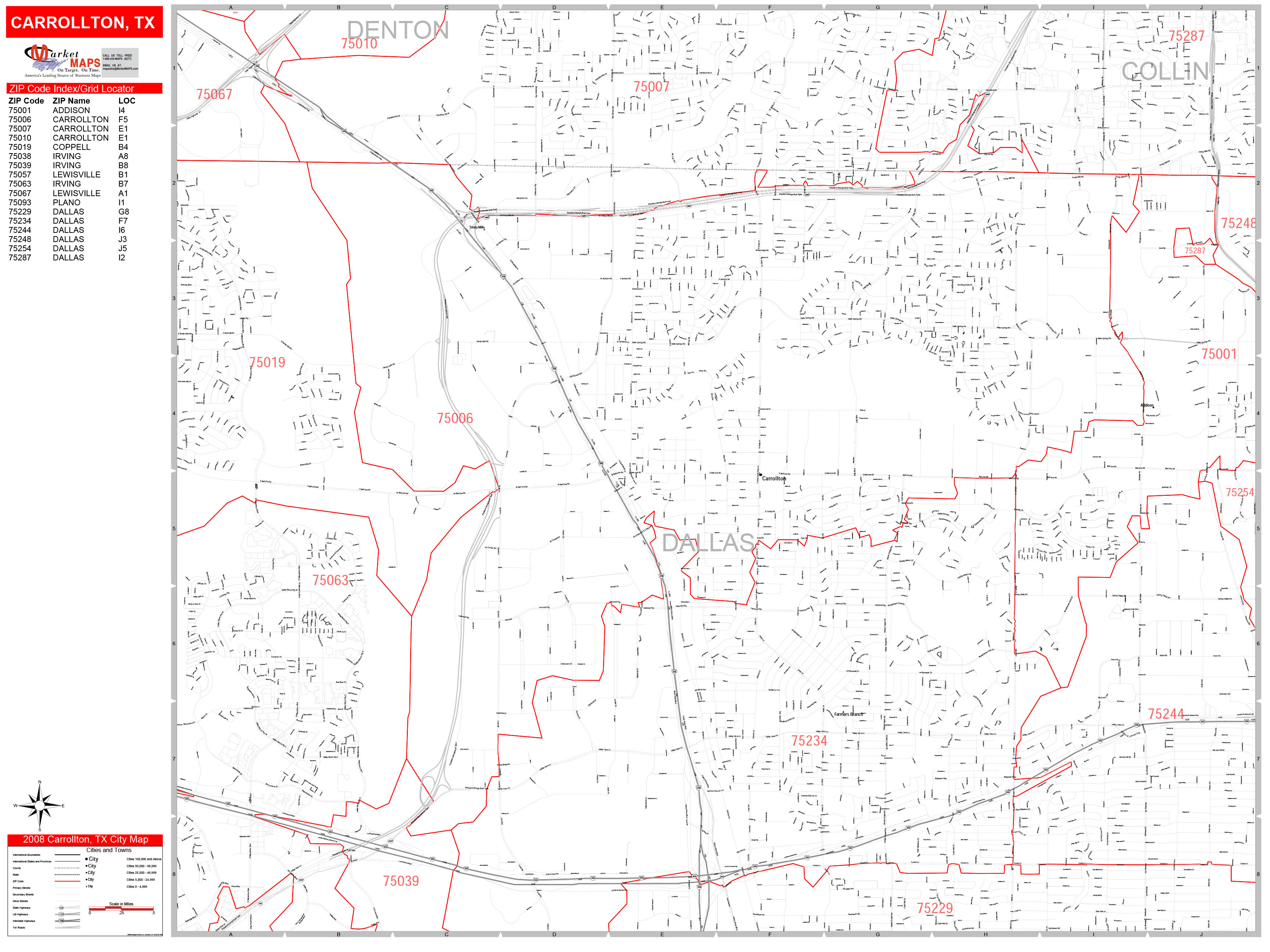 Carrollton Texas Zip Code Wall Map (Red Line Style) by MarketMAPS ...