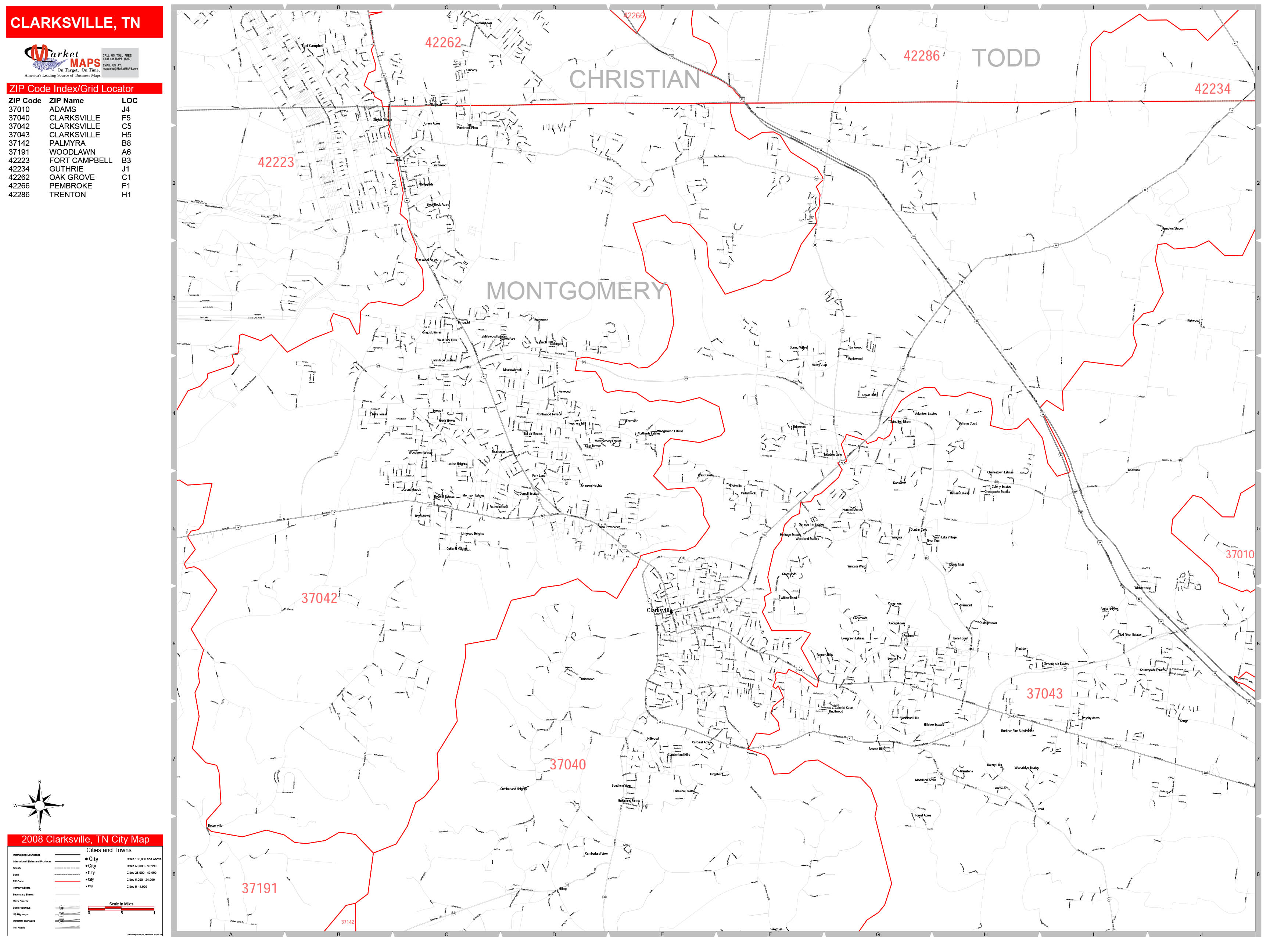 Clarksville Tennessee Zip Code Wall Map (Red Line Style) by MarketMAPS 