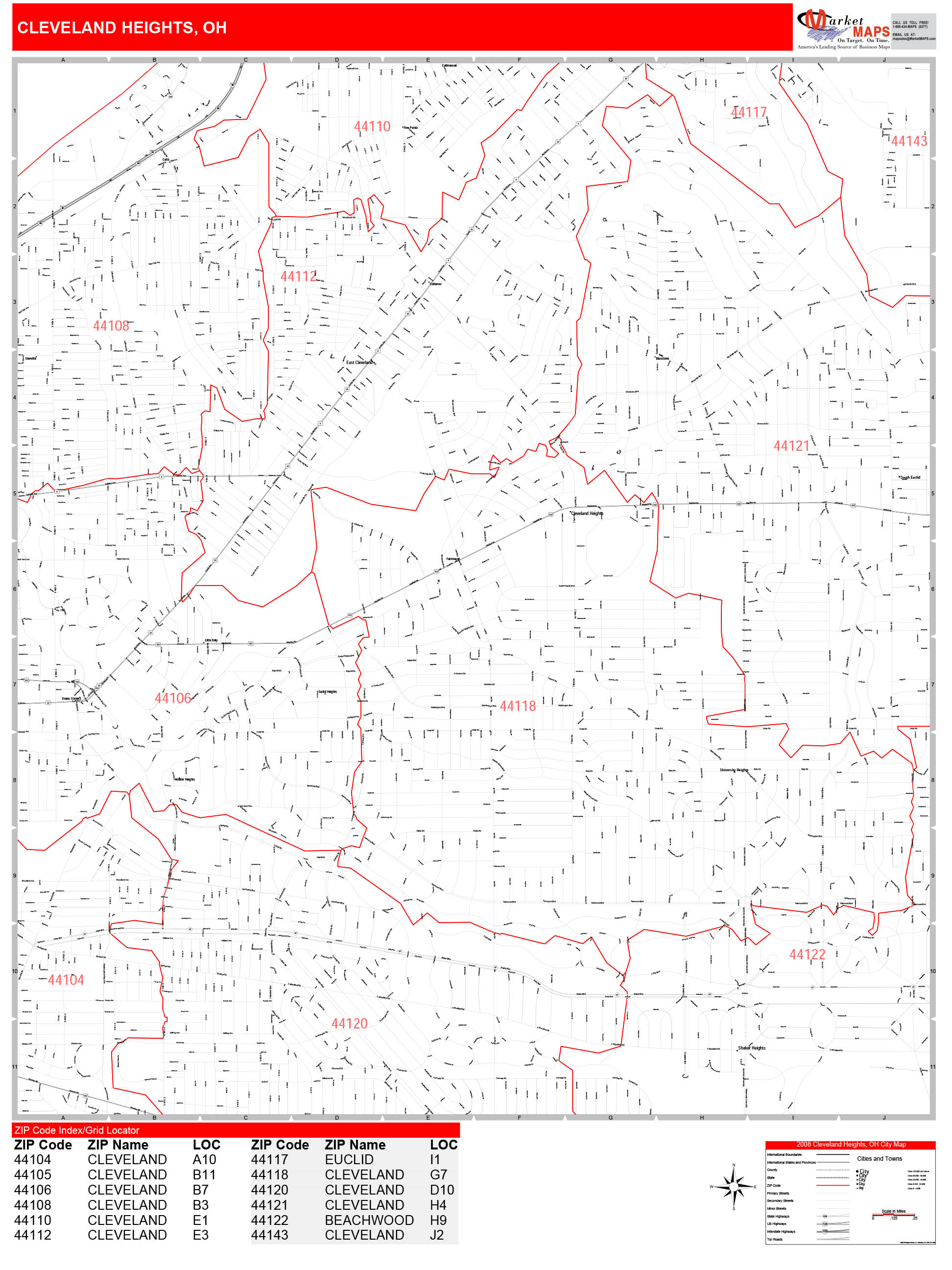 Cleveland Heights Ohio Zip Code Wall Map (Red Line Style) by MarketMAPS