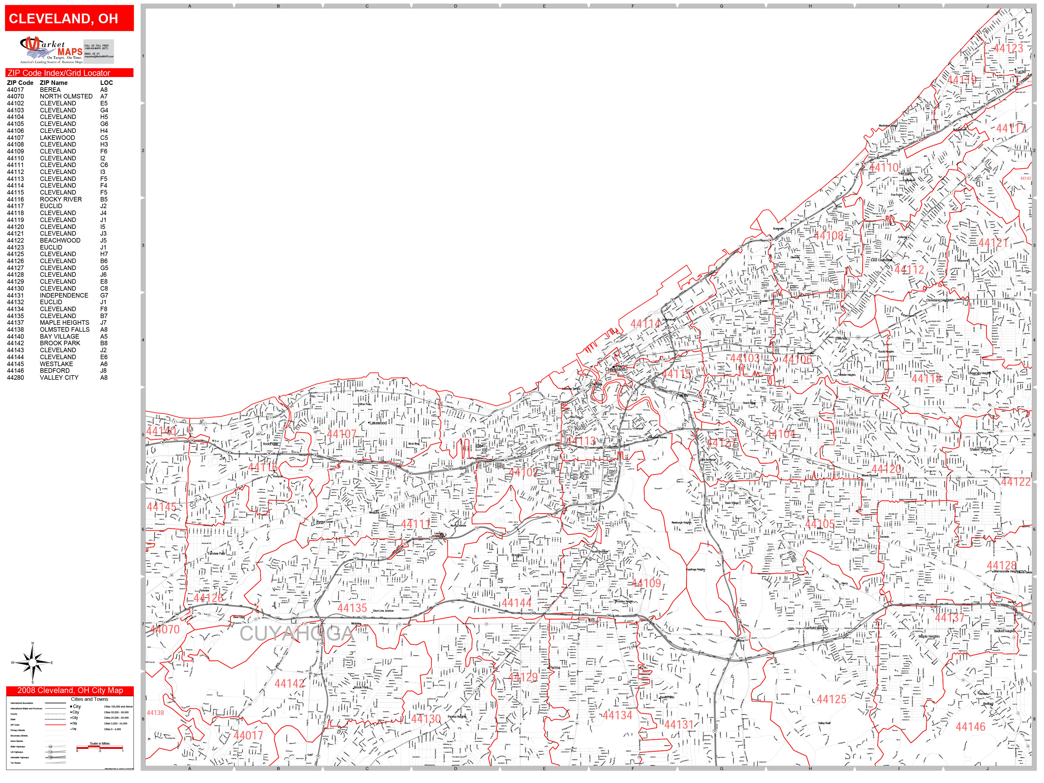 Cleveland Ohio Zip Code Wall Map (Red Line Style) by MarketMAPS - MapSales