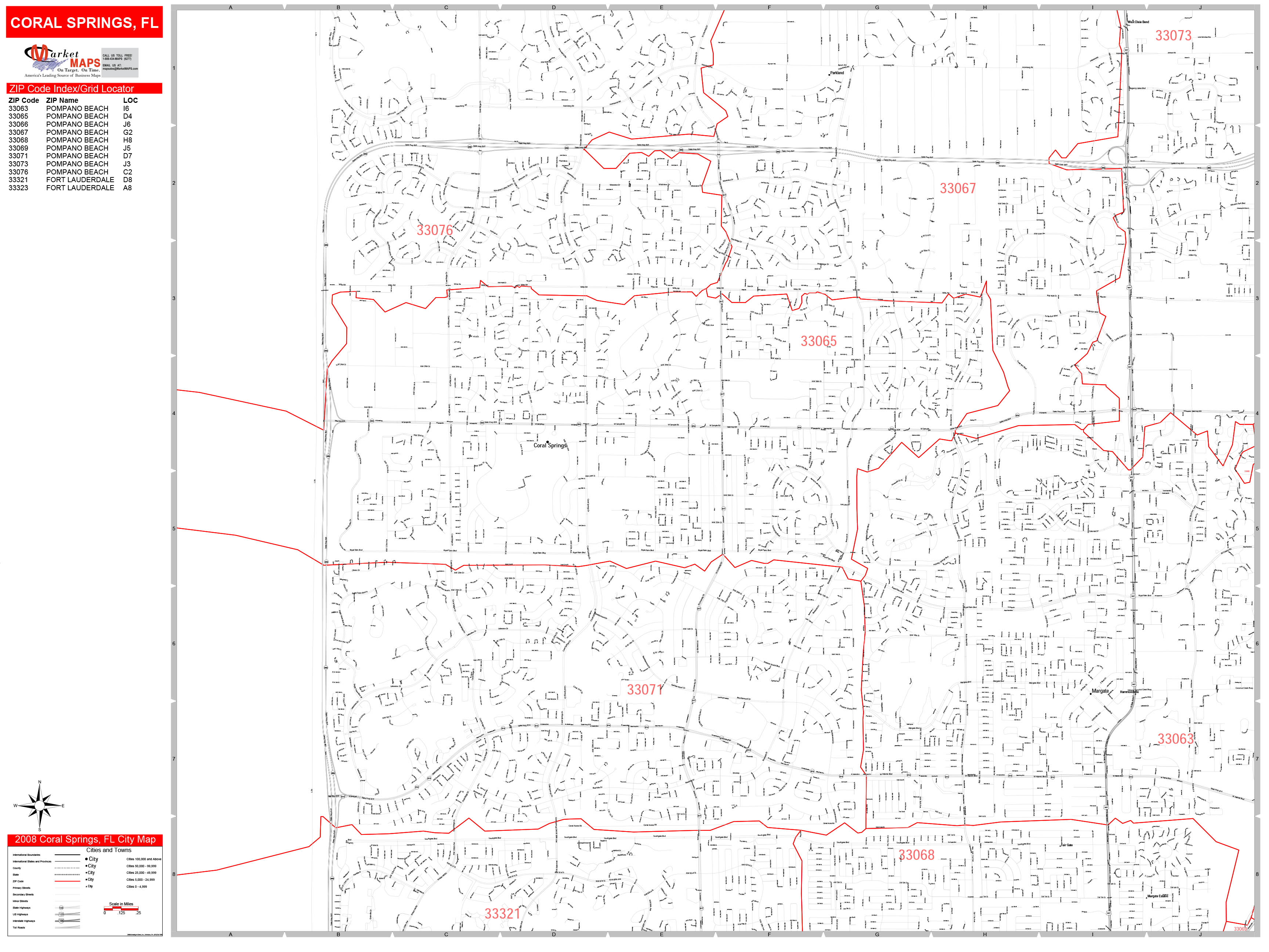 Coral Springs Florida Zip Code Wall Map (Red Line Style) by MarketMAPS