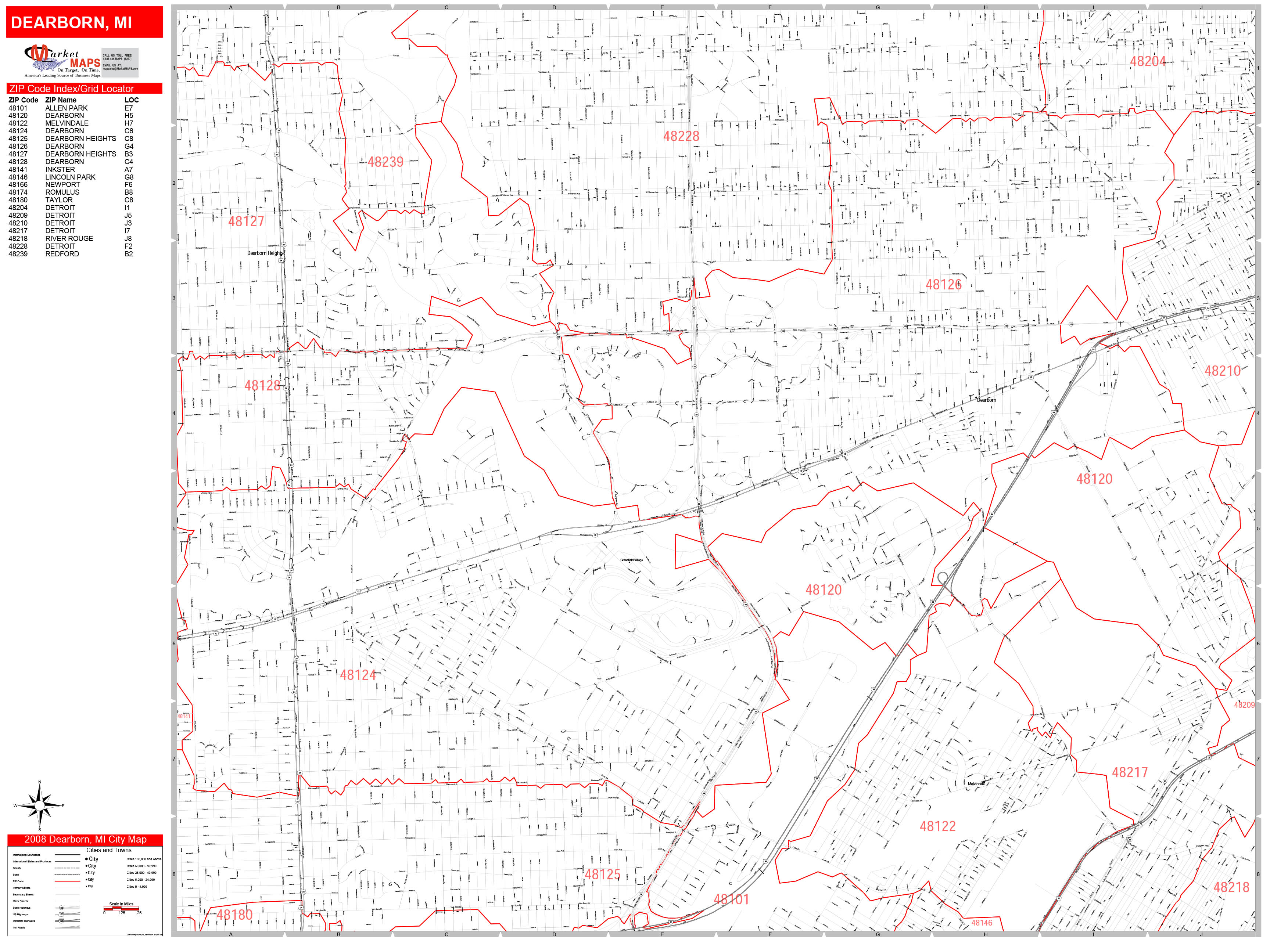 Dearborn Michigan Zip Code Wall Map (Red Line Style) by MarketMAPS ...