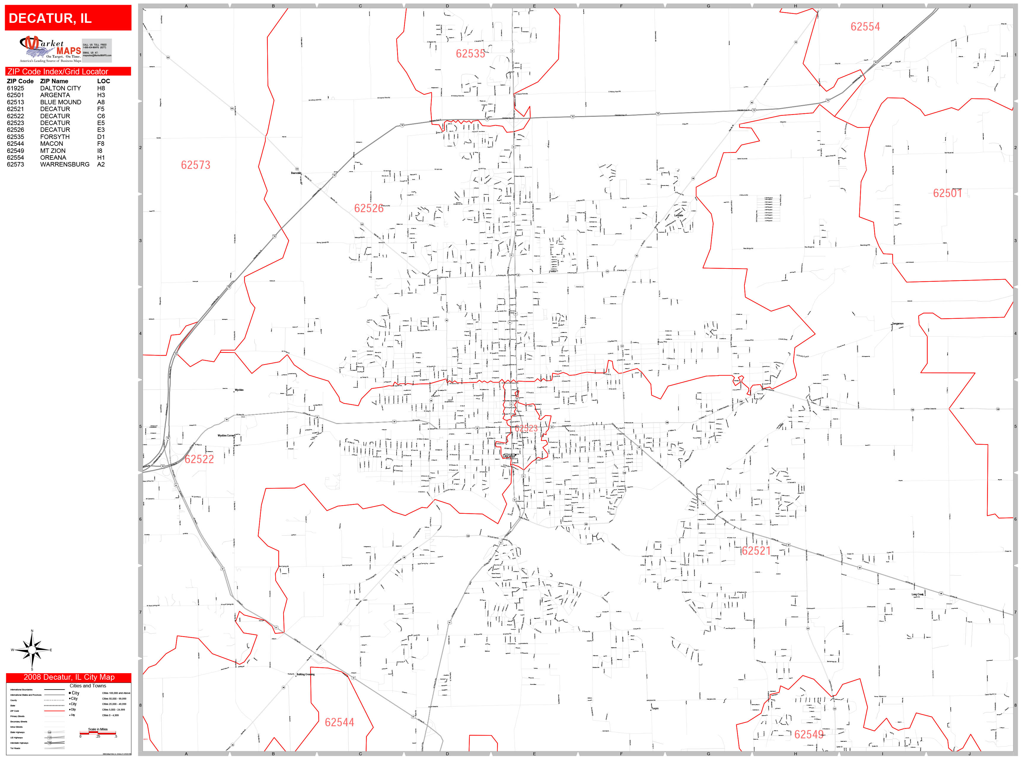 Decatur Illinois Zip Code Wall Map (Red Line Style) by MarketMAPS ...
