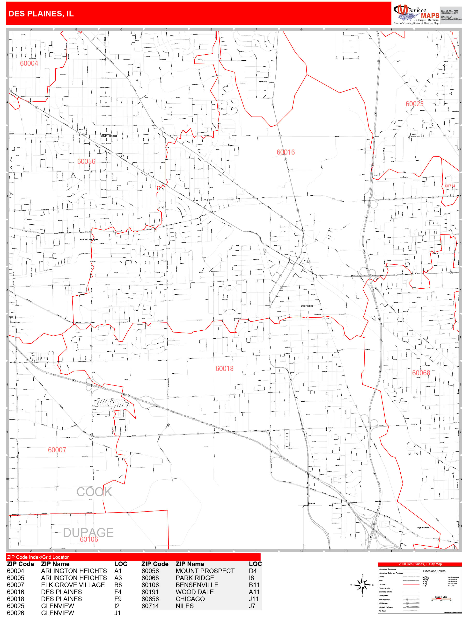 Des Plaines Illinois Zip Code Wall Map Red Line Style By Marketmaps 5674