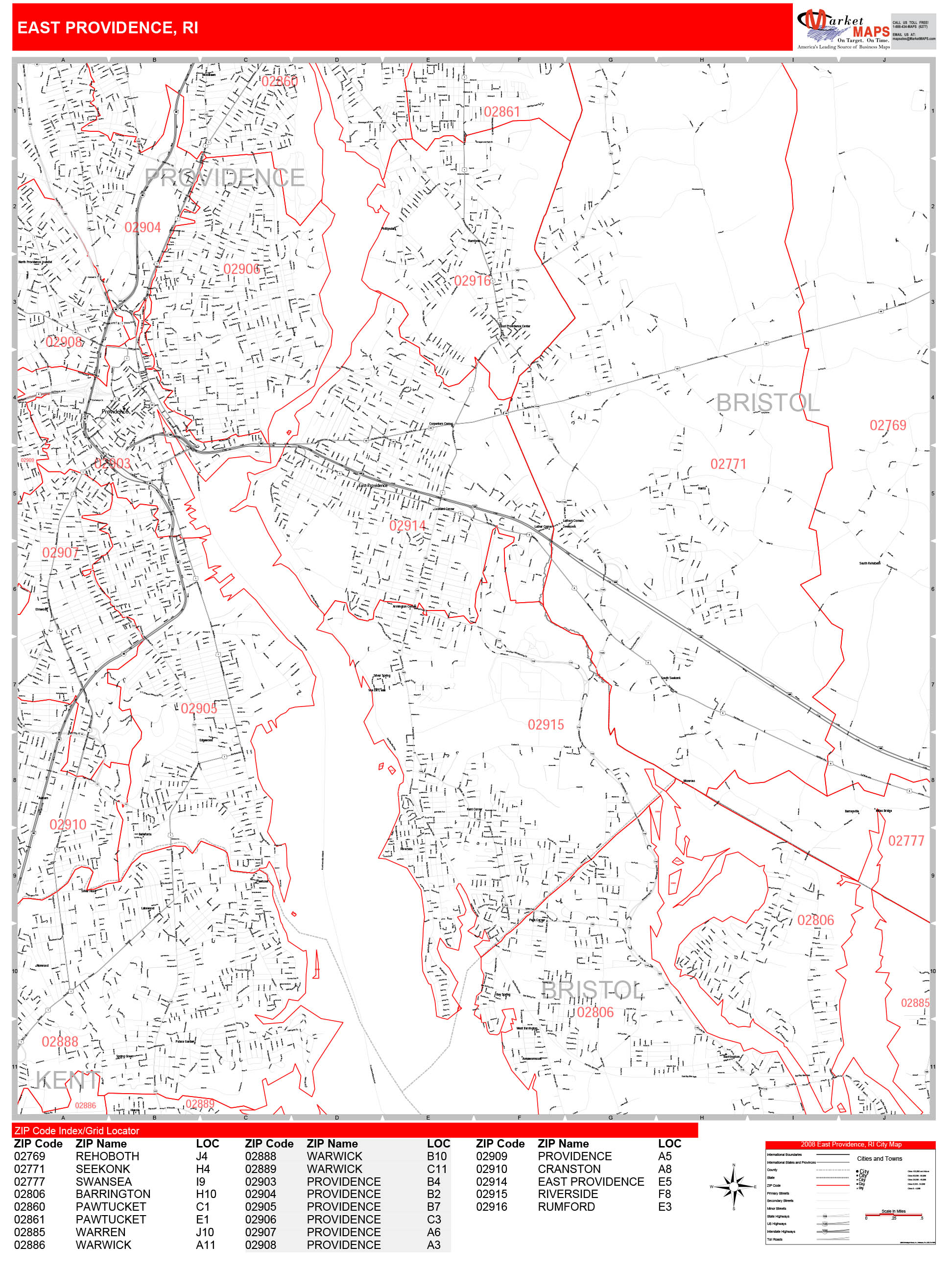 East Providence Rhode Island Zip Code Wall Map (Red Line Style) by ...