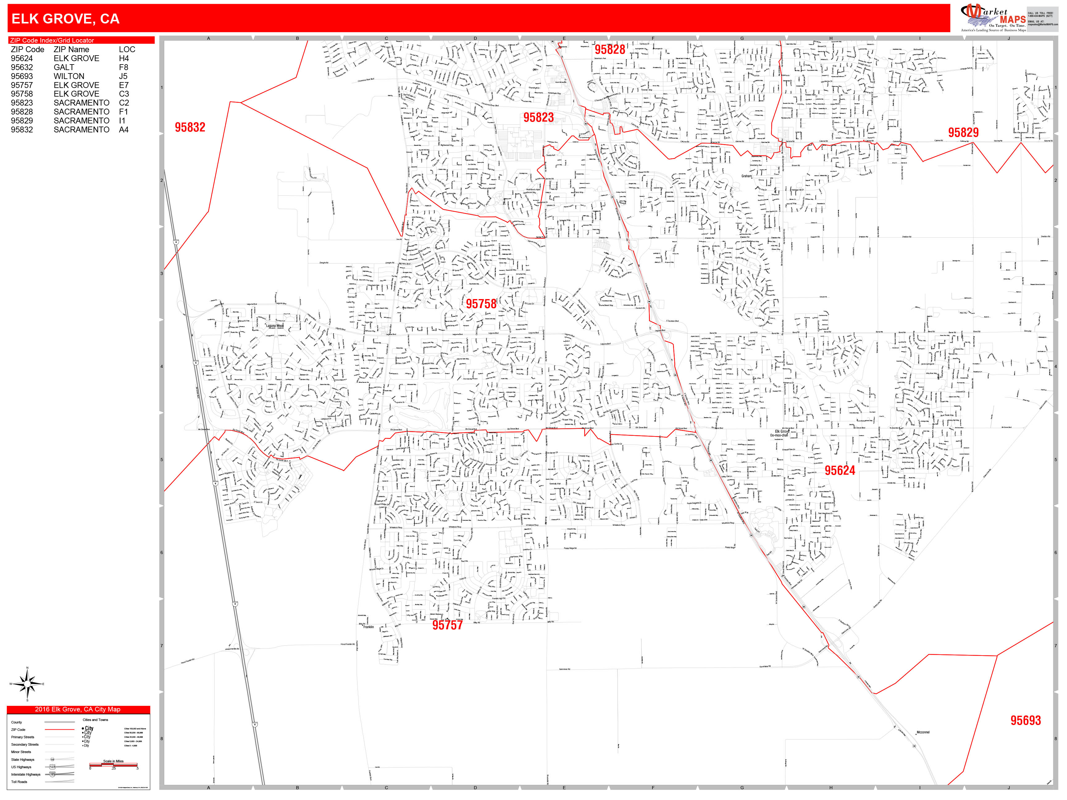 Elk Grove California Zip Code Wall Map (Red Line Style) by MarketMAPS 