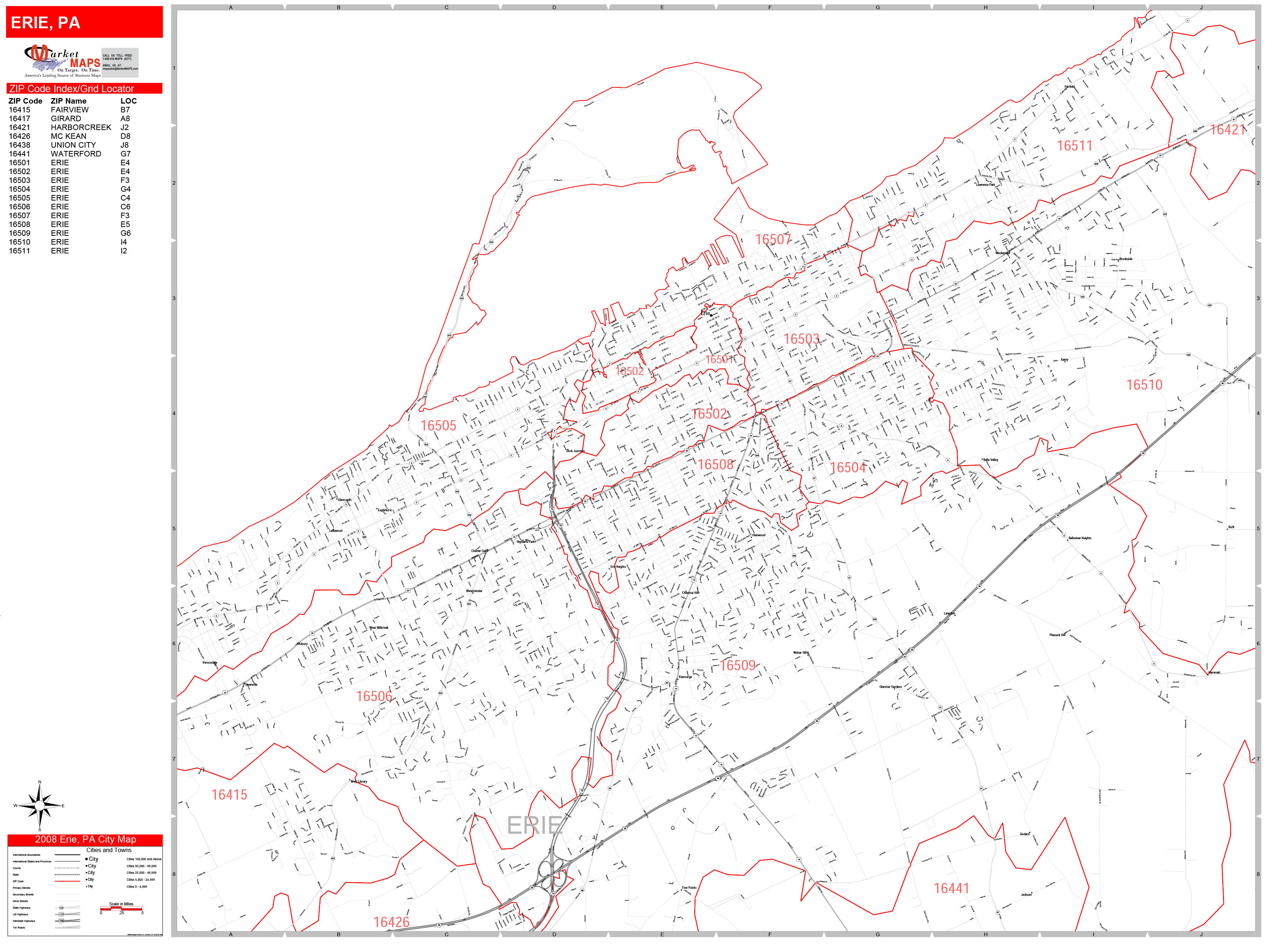 Erie Pennsylvania Zip Code Wall Map (Red Line Style) by MarketMAPS 