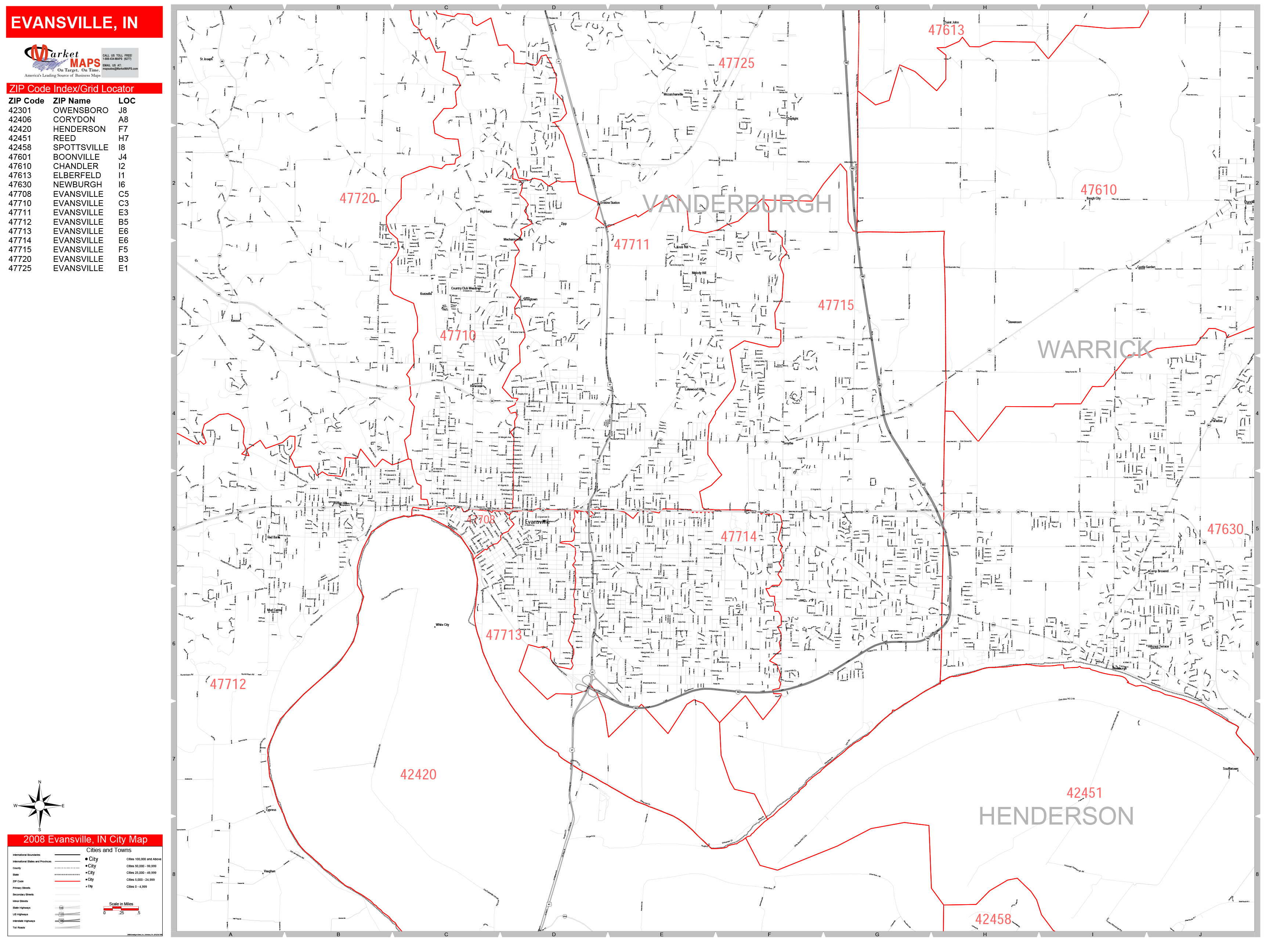 evansville-indiana-zip-code-wall-map-red-line-style-by-marketmaps