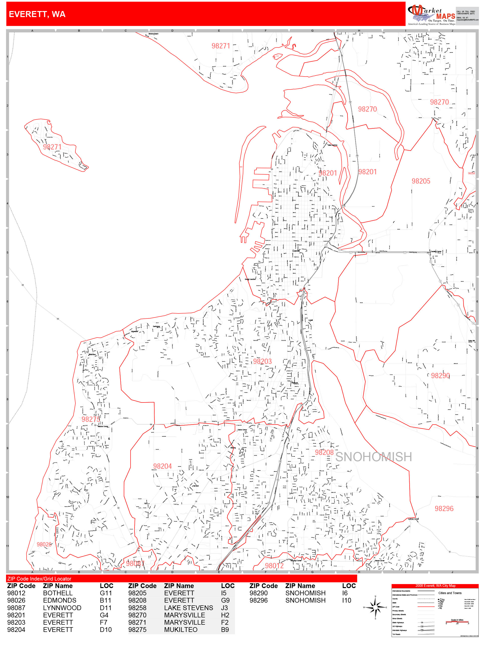 Everett Washington Zip Code Wall Map (Red Line Style) by MarketMAPS