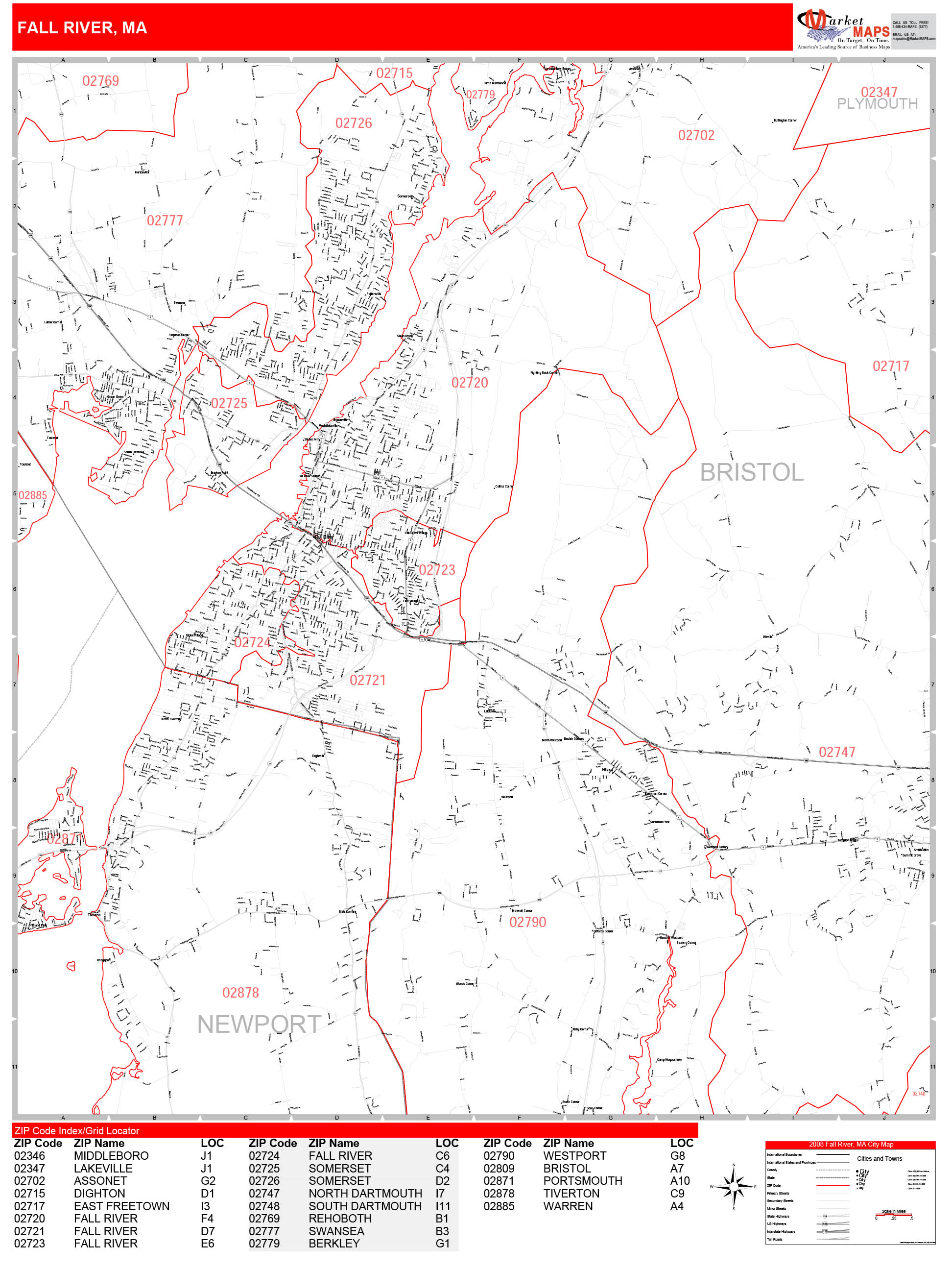 Fall River Massachusetts Zip Code Wall Map (Red Line Style) by ...