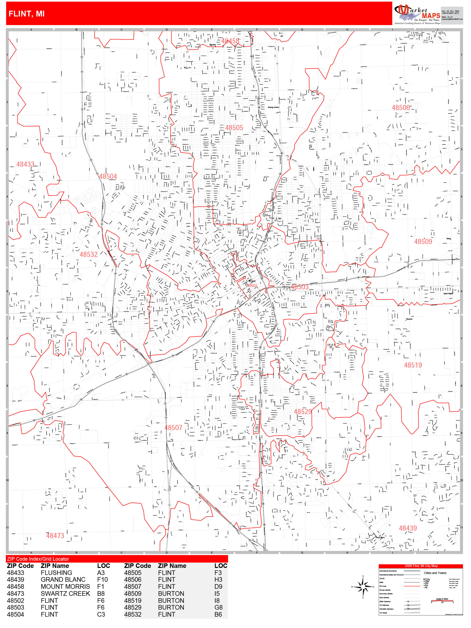 Flint Michigan Zip Code Wall Map Red Line Style By Marketmaps Mapsales 1782