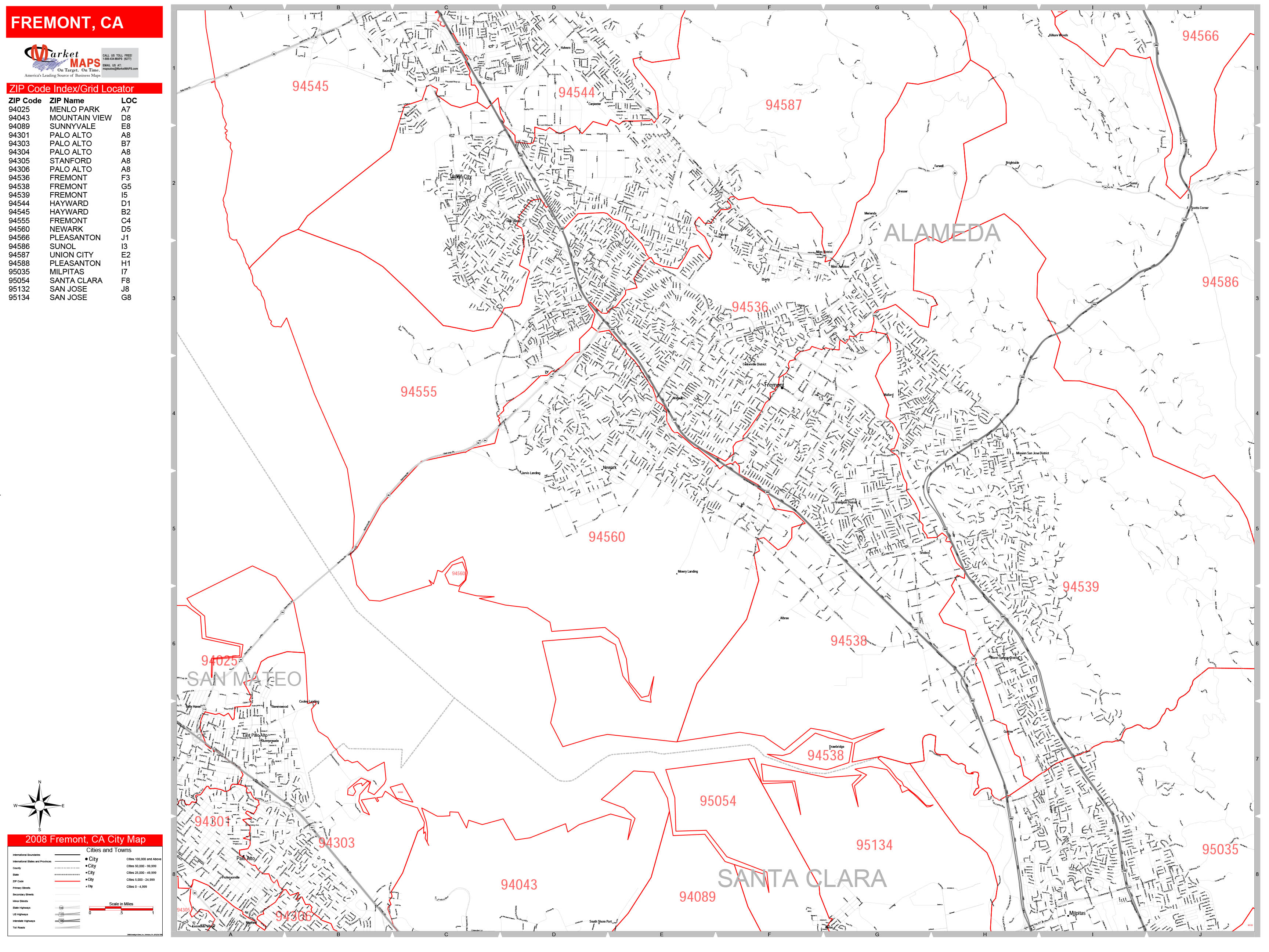 Fremont California Zip Code Wall Map (Red Line Style) by MarketMAPS