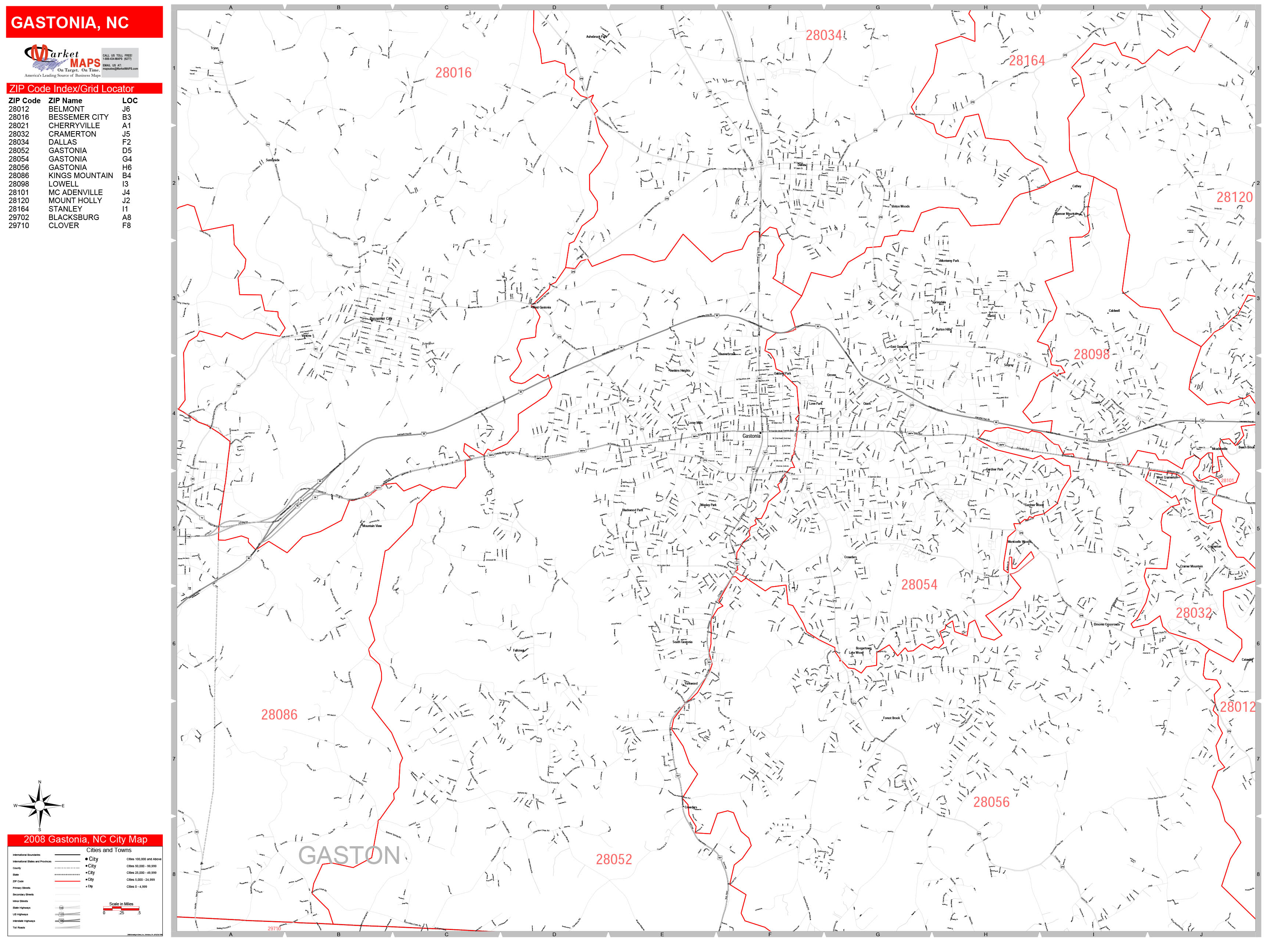 Gastonia North Carolina Zip Code Wall Map (Red Line Style) by MarketMAPS