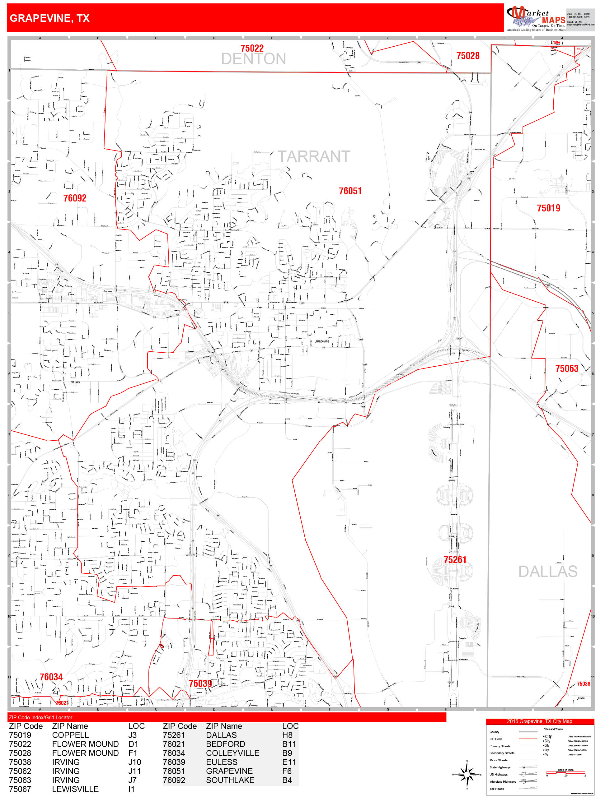 Grapevine Texas Zip Code Wall Map (Red Line Style) by MarketMAPS