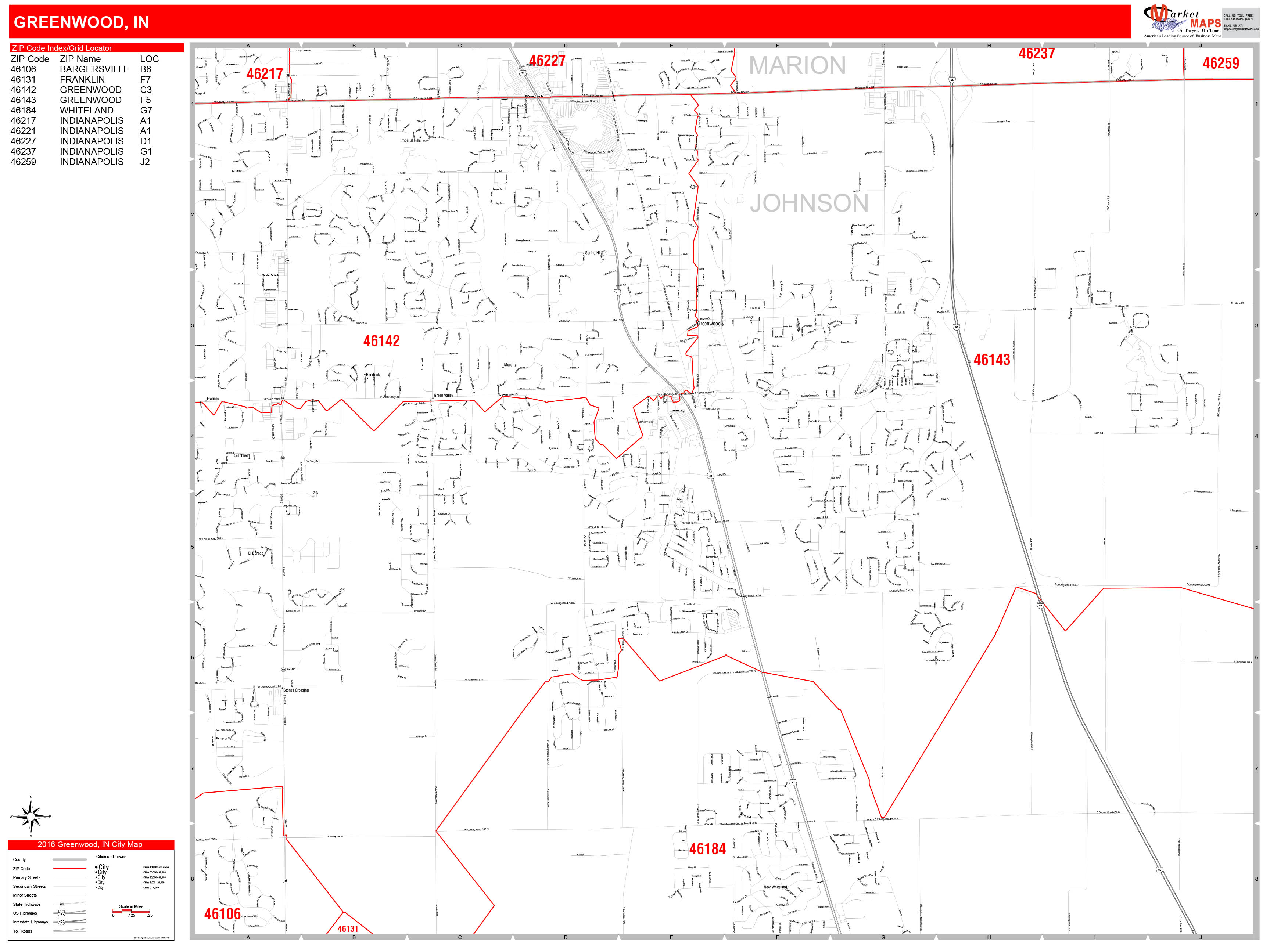 Greenwood Indiana Zip Code Wall Map (Red Line Style) by MarketMAPS