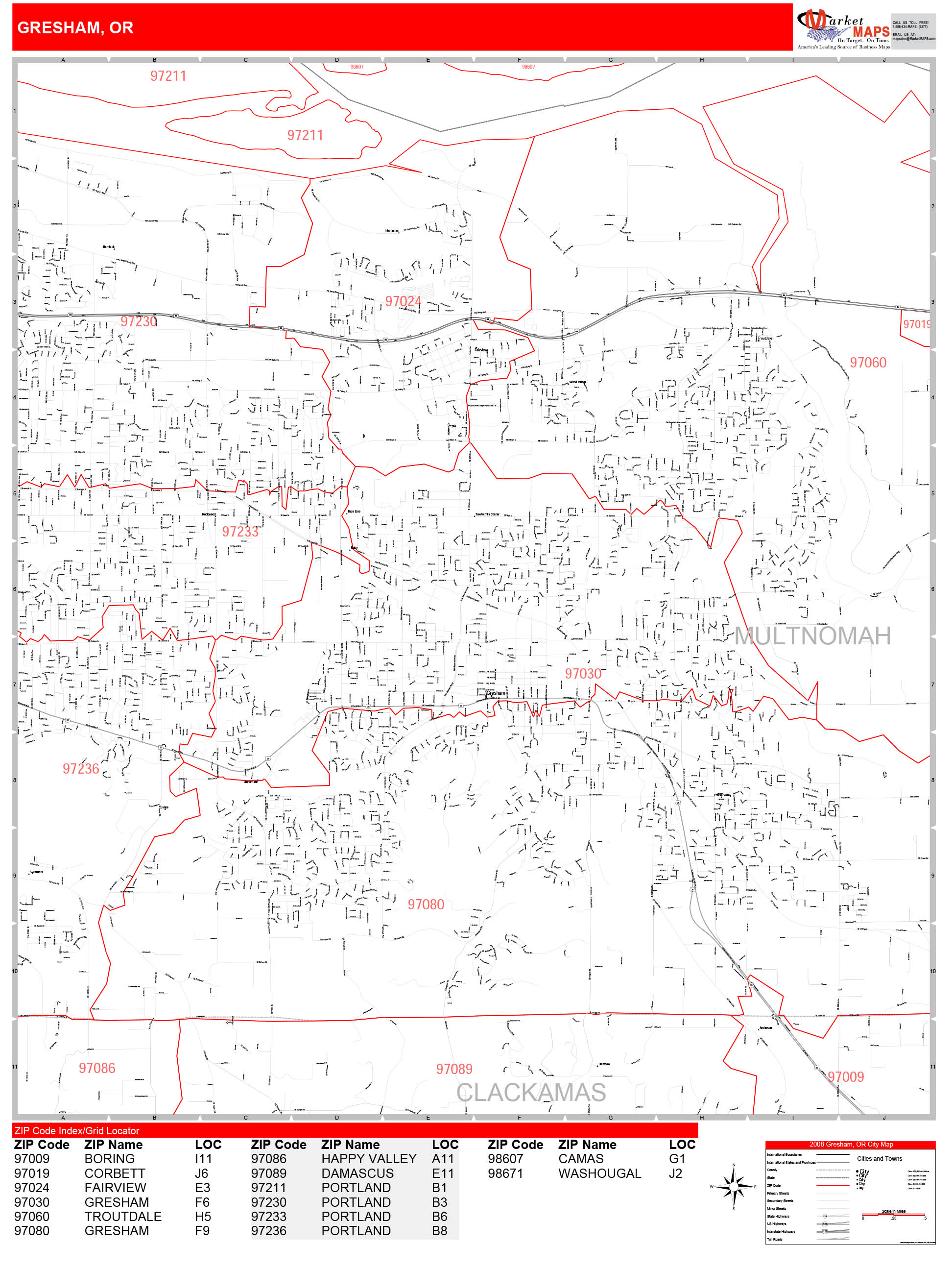 Gresham Oregon Zip Code Wall Map Red Line Style By Marketmaps 0806