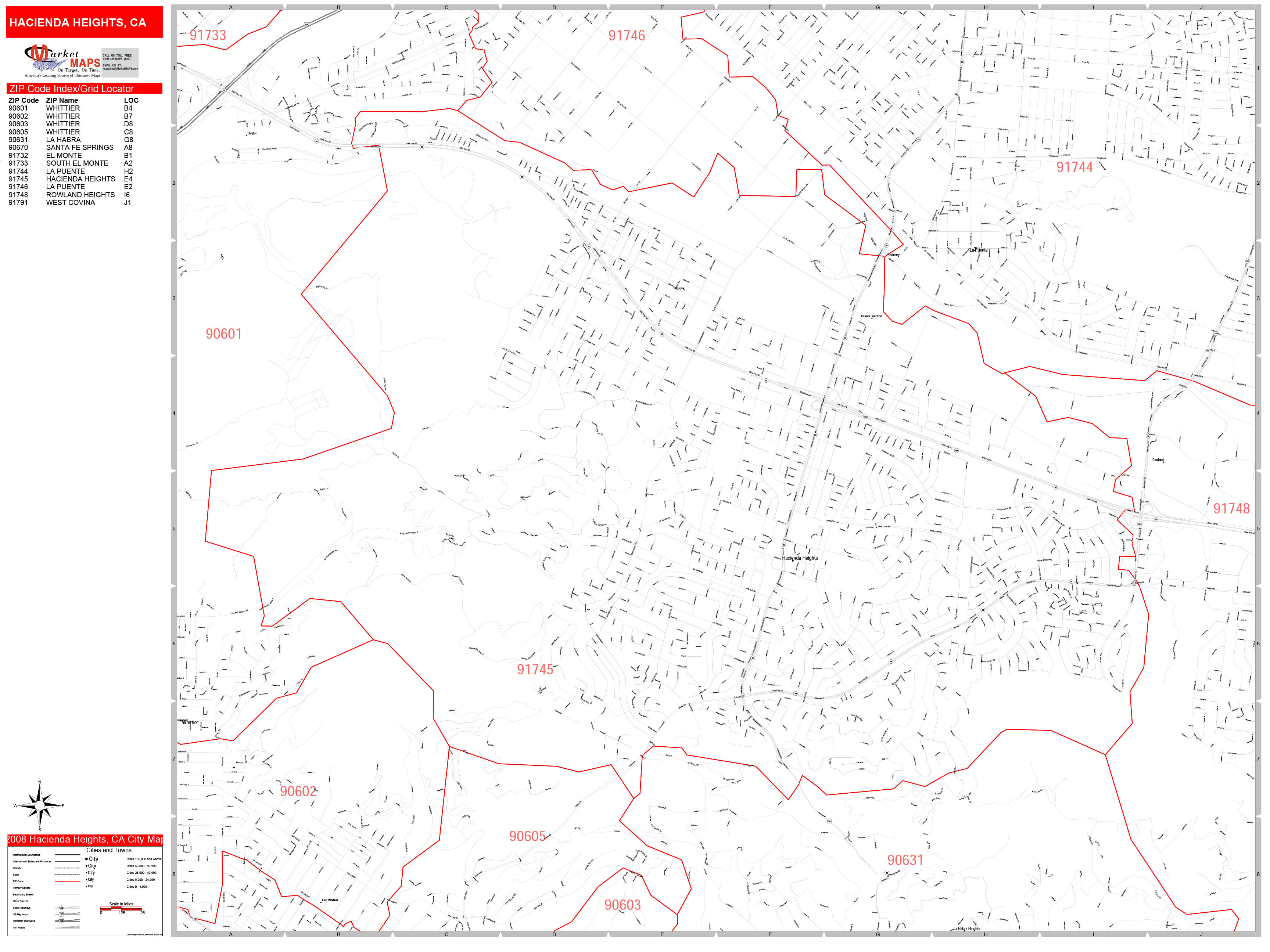 Hacienda Heights California Zip Code Wall Map (Red Line Style) by ...