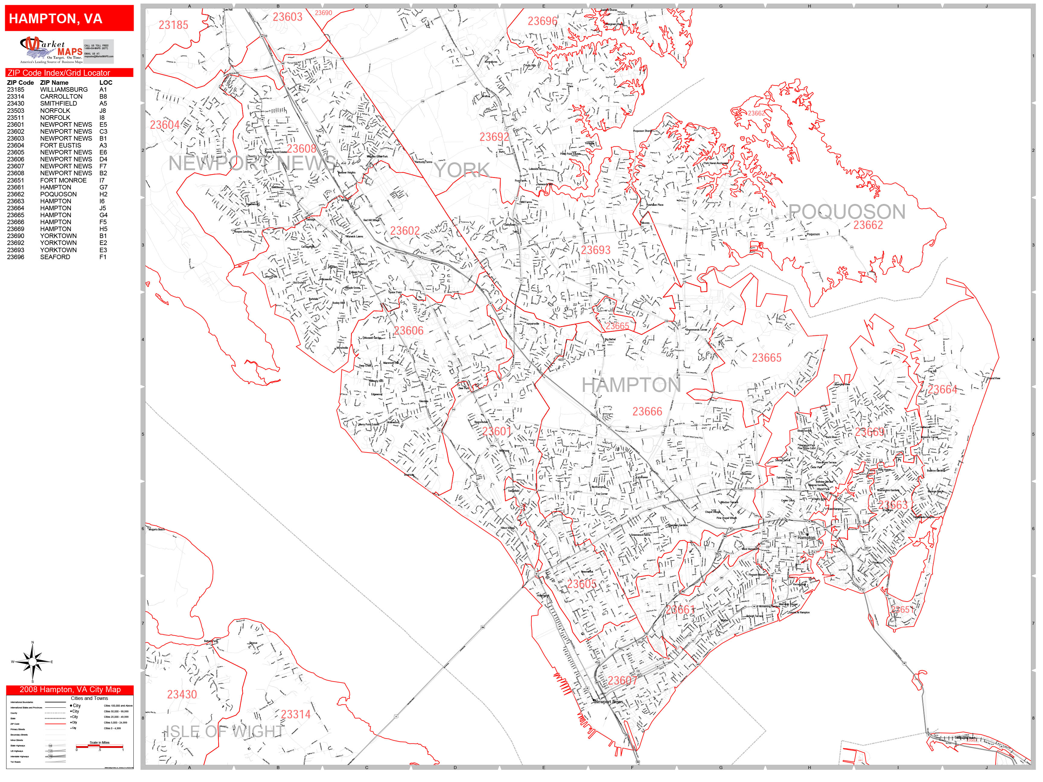 Hampton Virginia Zip Code Wall Map (Red Line Style) by MarketMAPS 