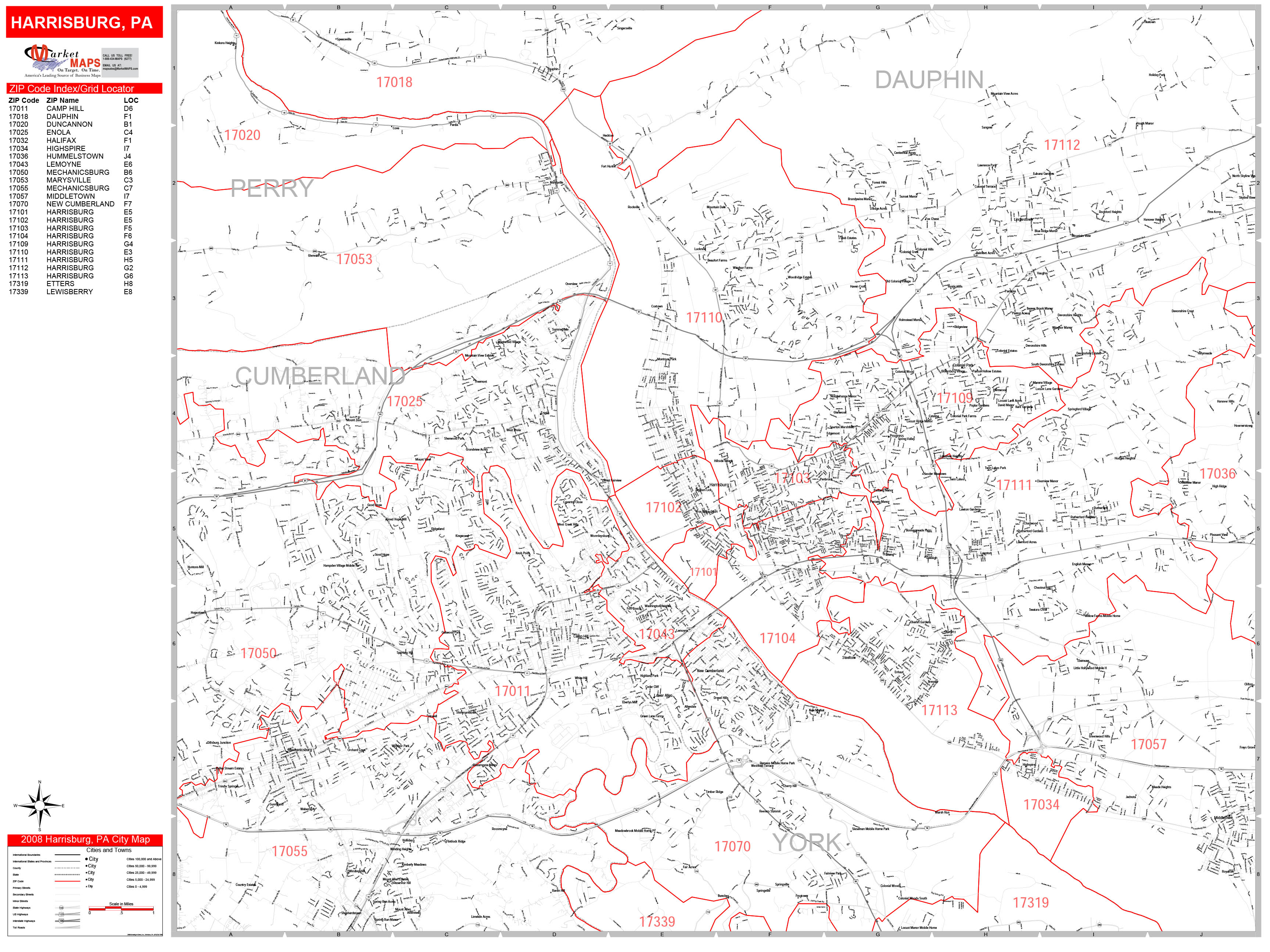 Harrisburg Pennsylvania Zip Code Wall Map (Red Line Style) by ...