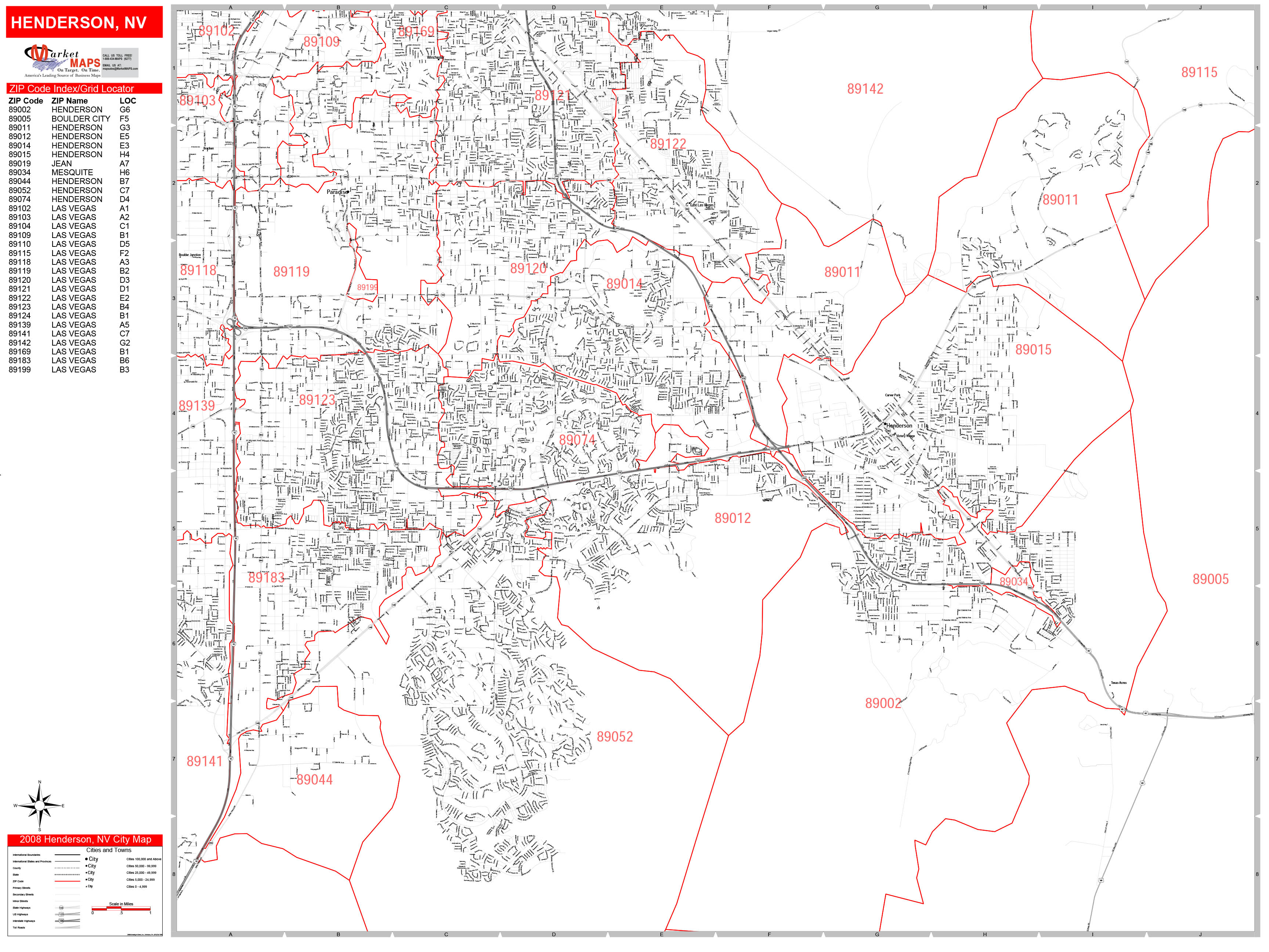 Henderson Nevada Zip Code Wall Map Red Line Style By Marketmaps Mapsales 1924