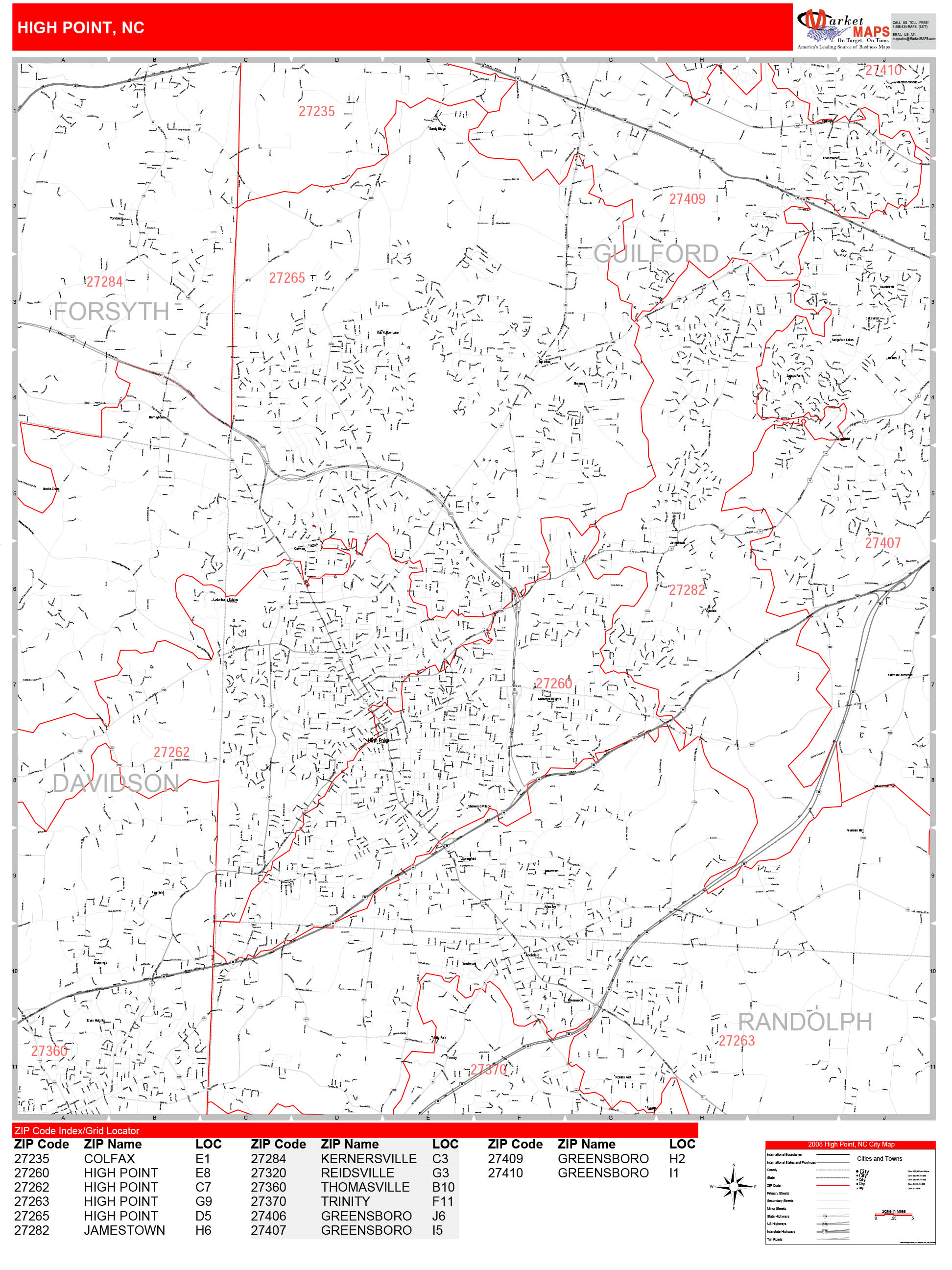 High Point North Carolina Zip Code Wall Map (Red Line Style) by MarketMAPS