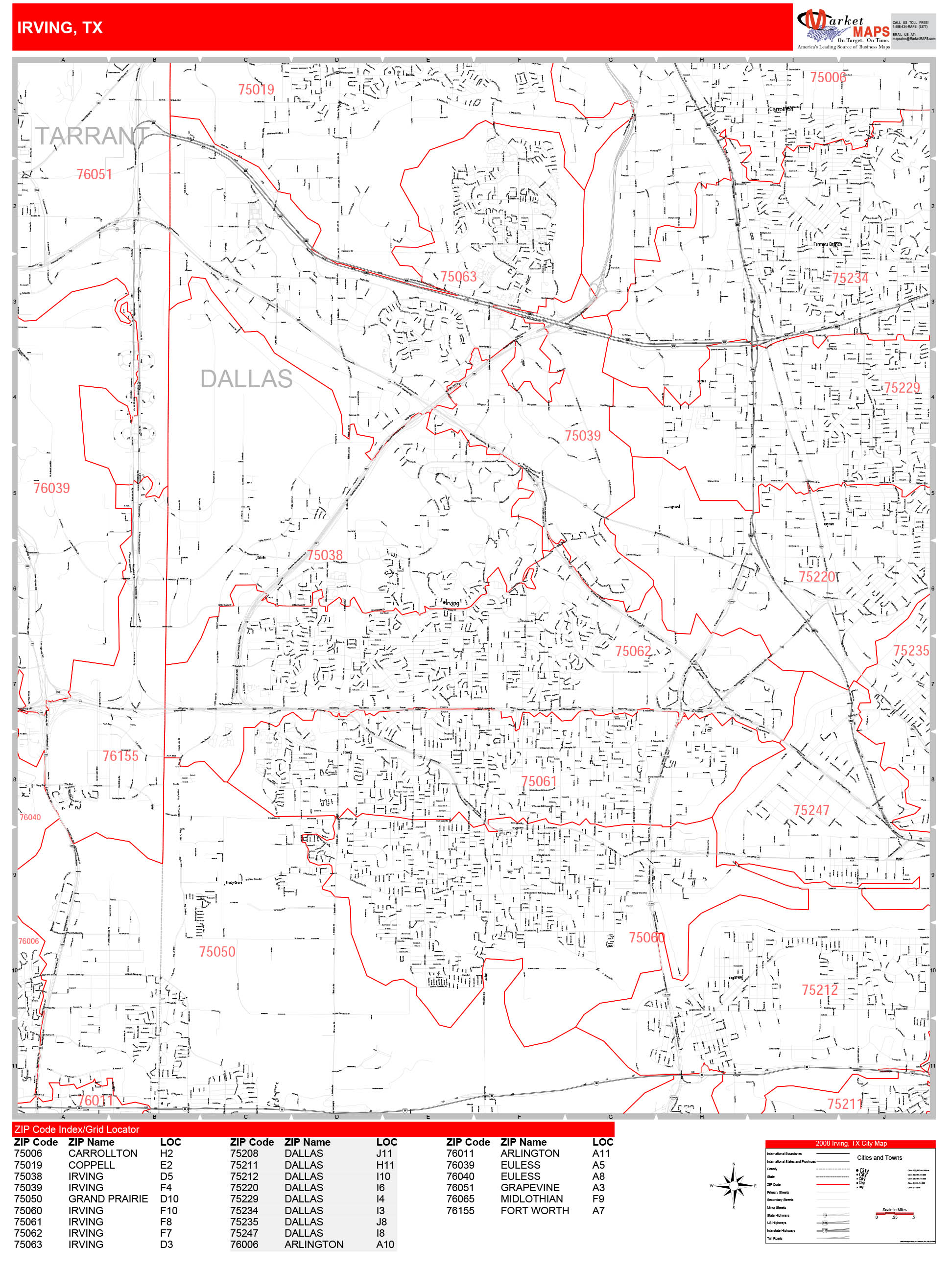 Irving Texas Zip Code Wall Map Red Line Style By Marketmaps Mapsales 4873