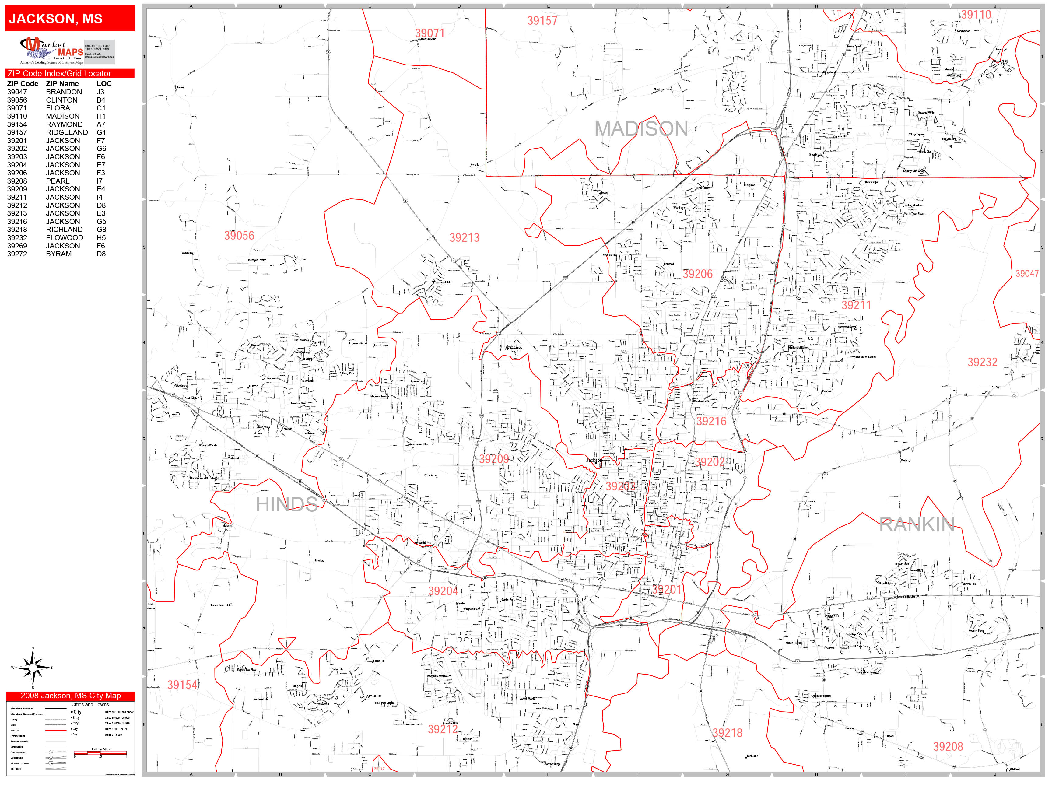 Jackson Mississippi Zip Code Wall Map (Red Line Style) by MarketMAPS ...