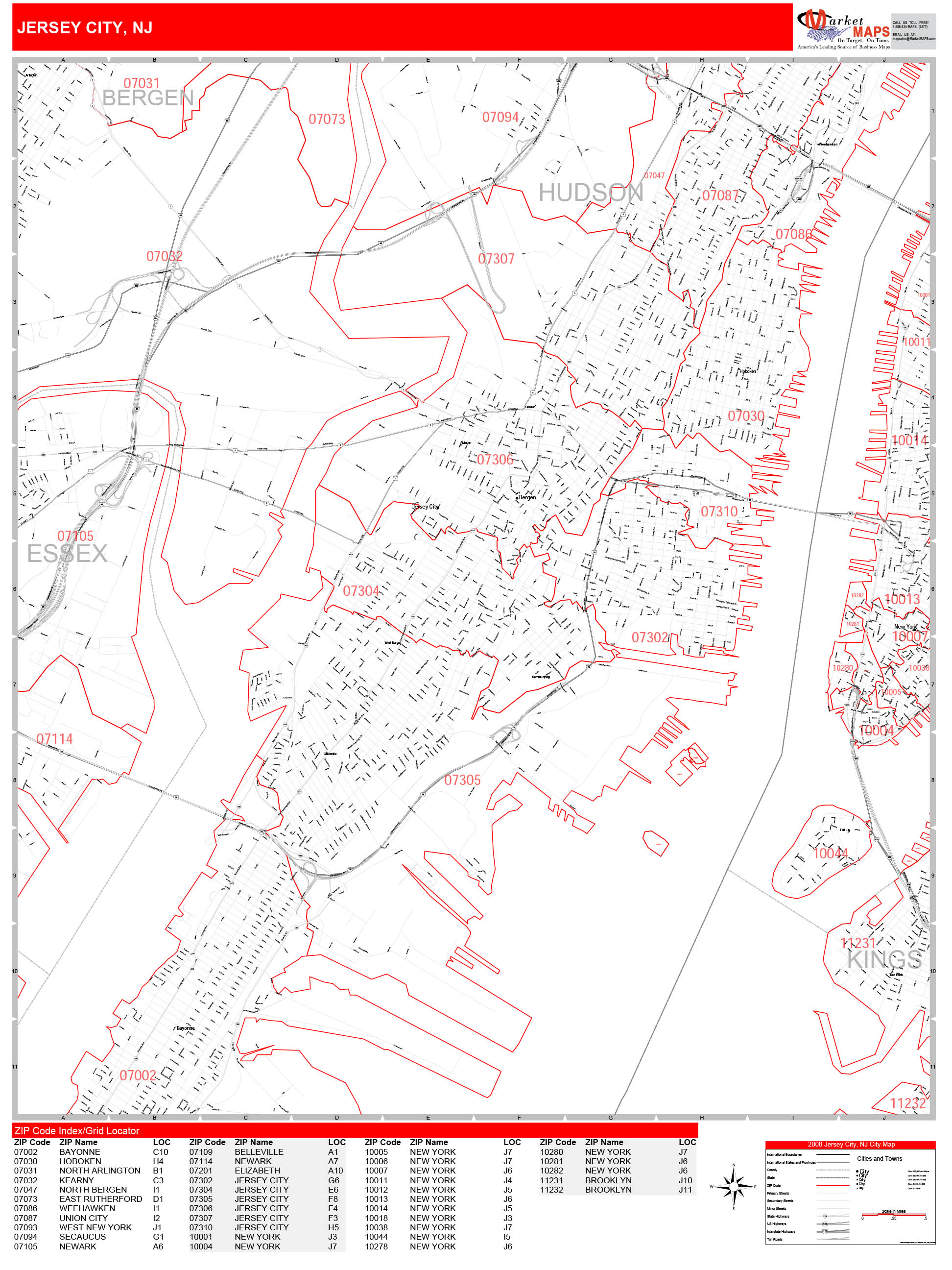 Jersey City New Jersey Zip Code Wall Map (Red Line Style) by MarketMAPS