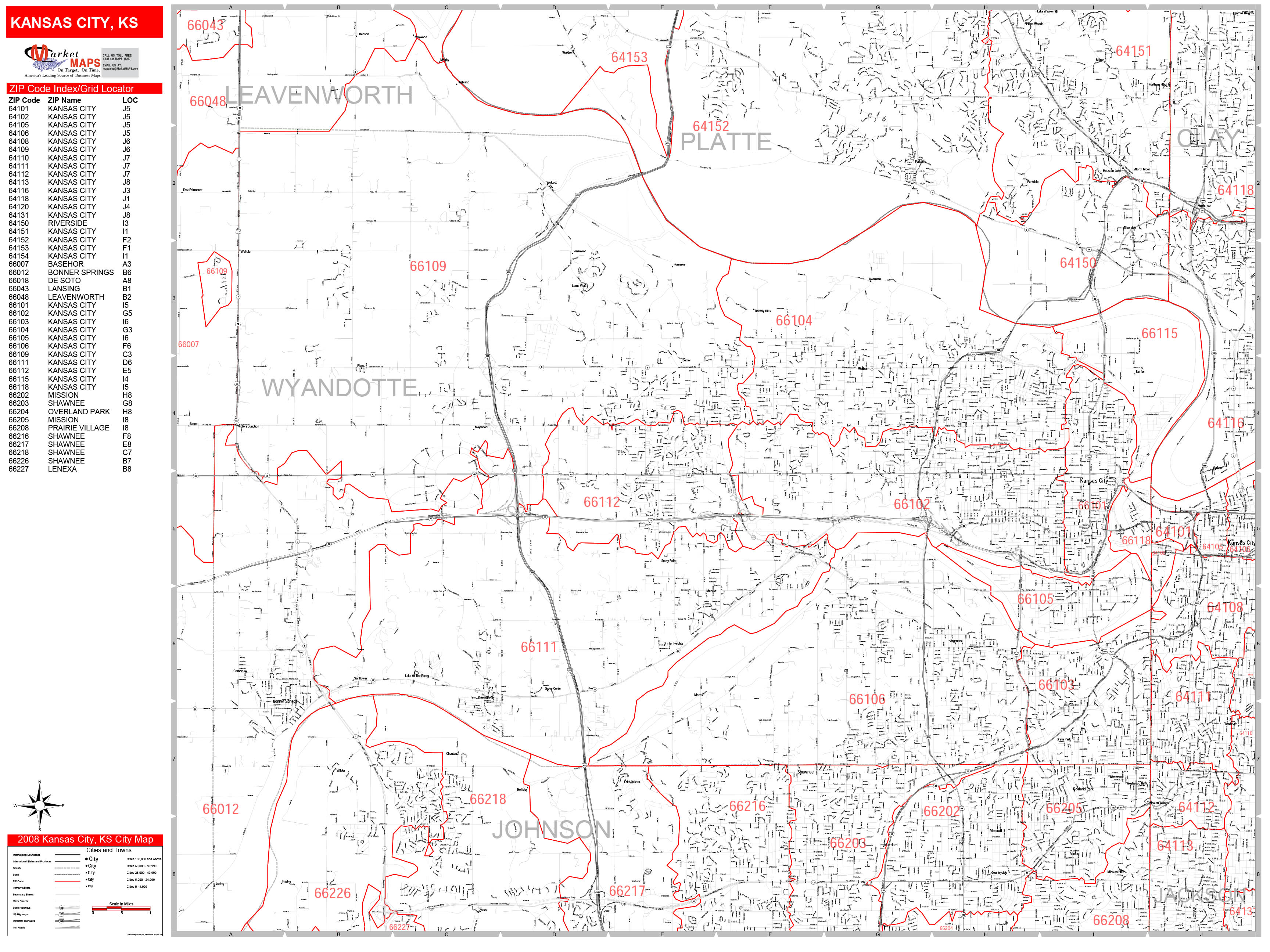 Kansas City Kansas Zip Code Wall Map Red Line Style By Marketmaps