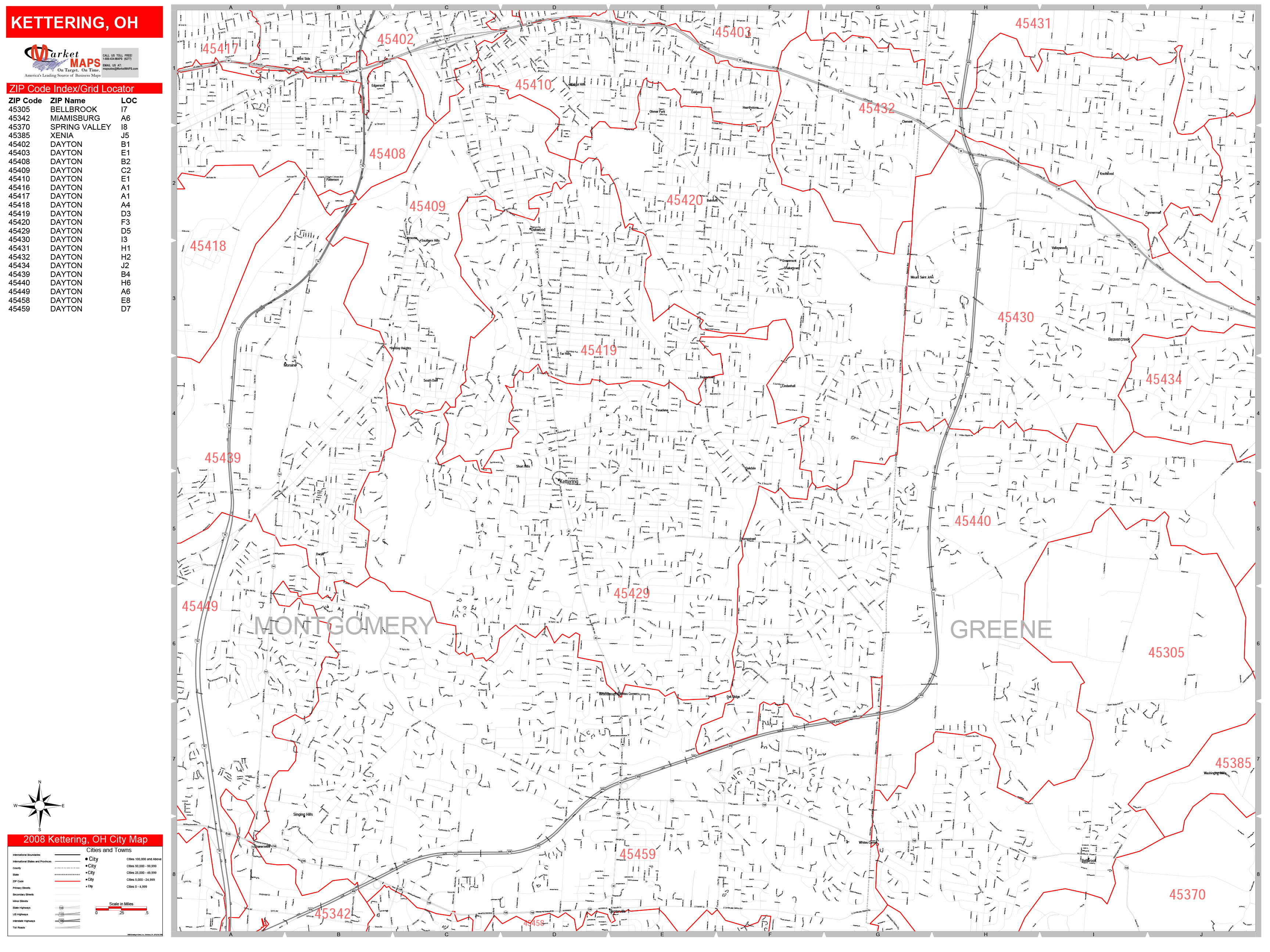 Kettering Ohio Zip Code Wall Map (Red Line Style) by MarketMAPS - MapSales