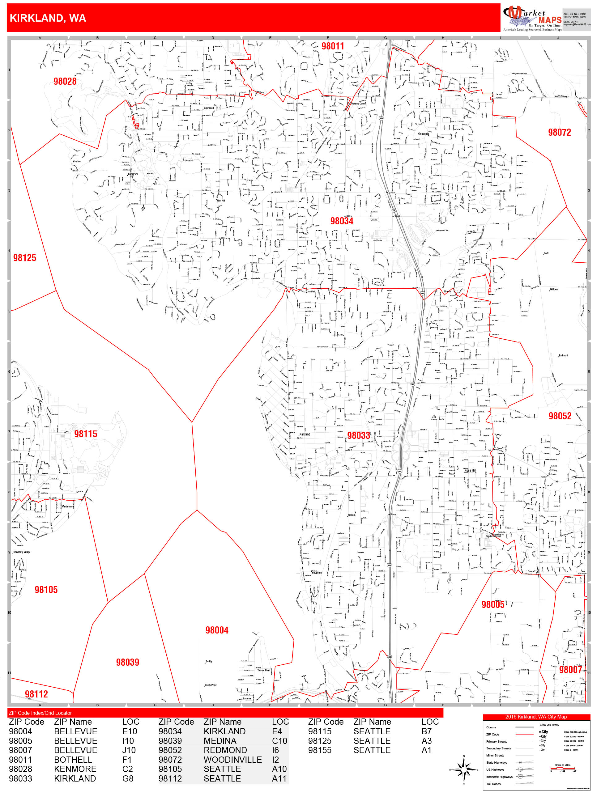 Kirkland Washington Zip Code Wall Map (Red Line Style) By MarketMAPS ...