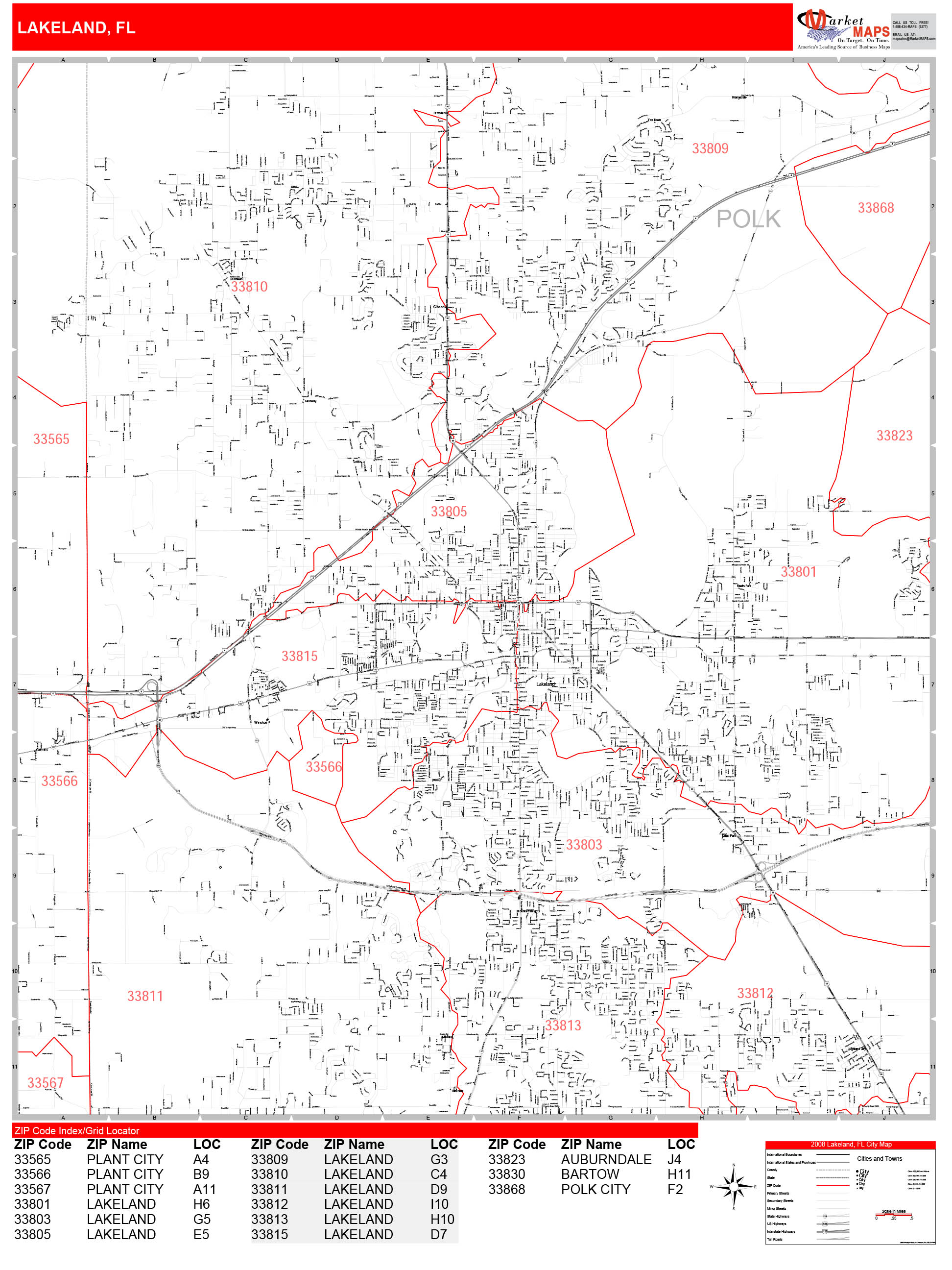 Lakeland Florida Zip Code Wall Map (Red Line Style) by MarketMAPS 