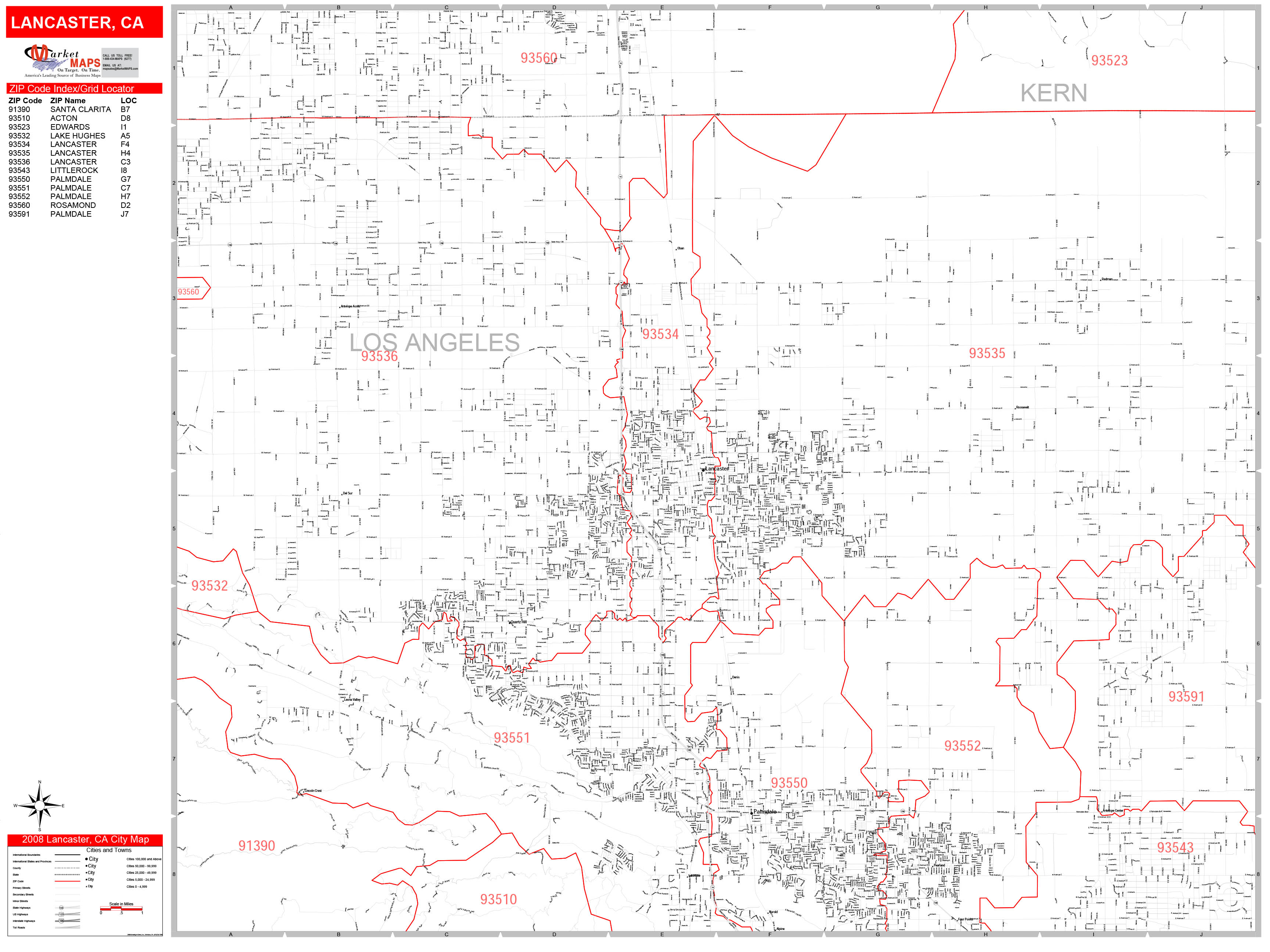 Lancaster California Zip Code Wall Map (Red Line Style) by MarketMAPS