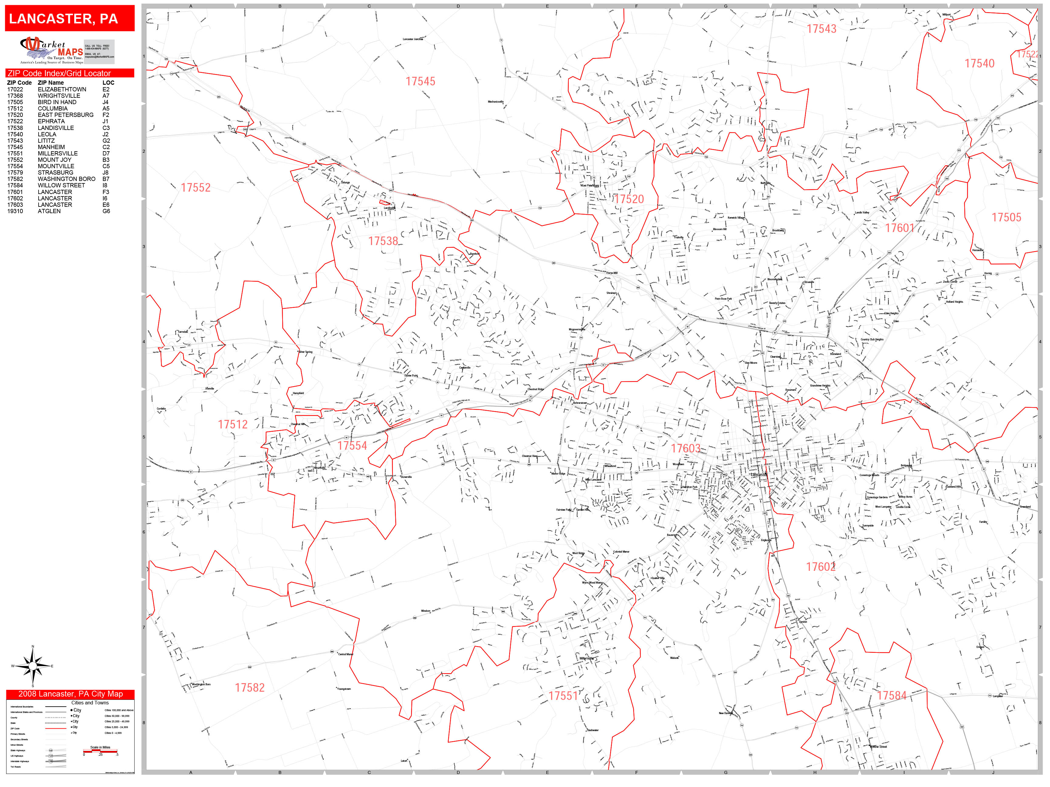 Lancaster Pennsylvania Zip Code Wall Map (Red Line Style) by MarketMAPS