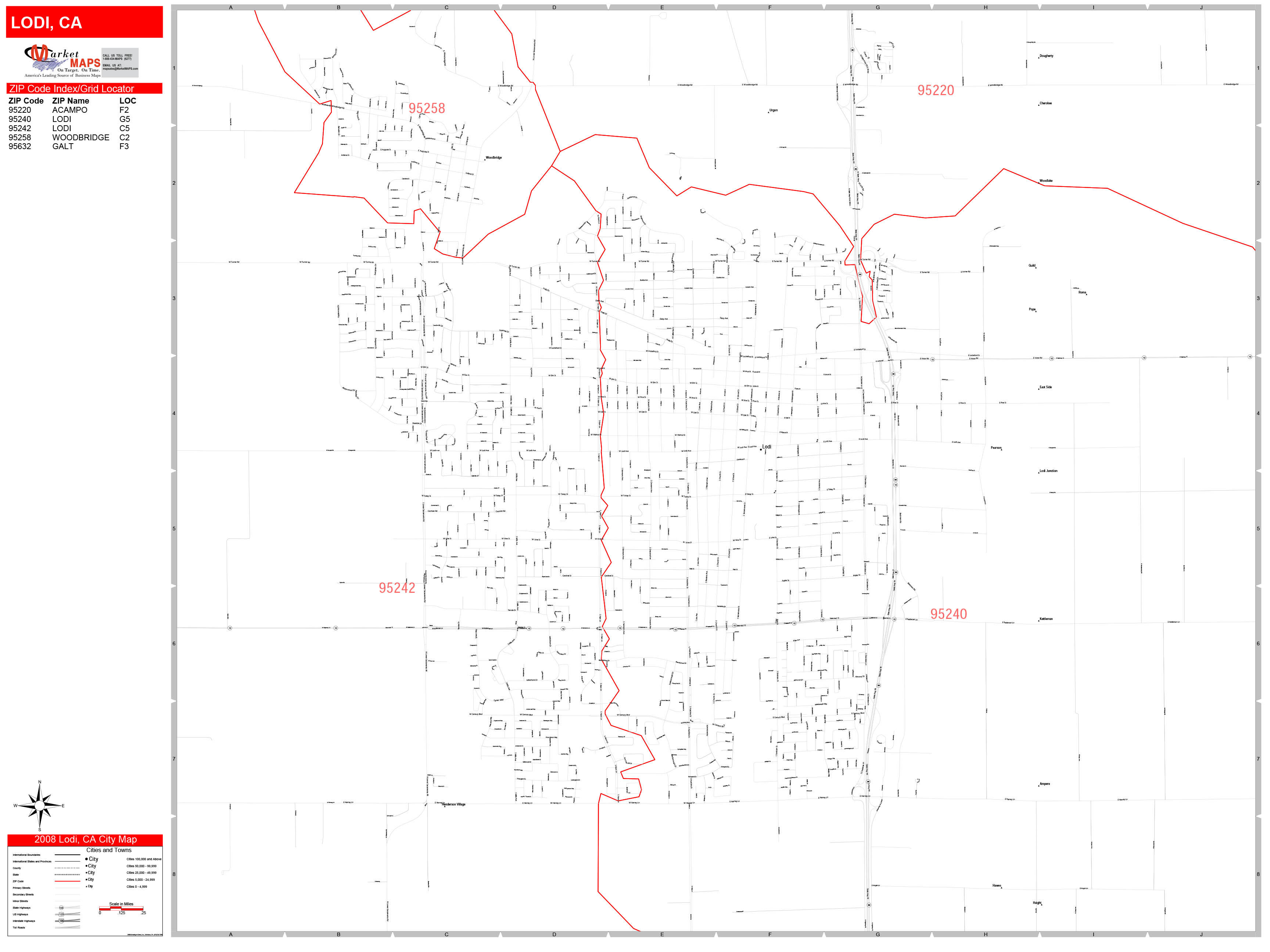 Lodi California Zip Code Wall Map (Red Line Style) by MarketMAPS