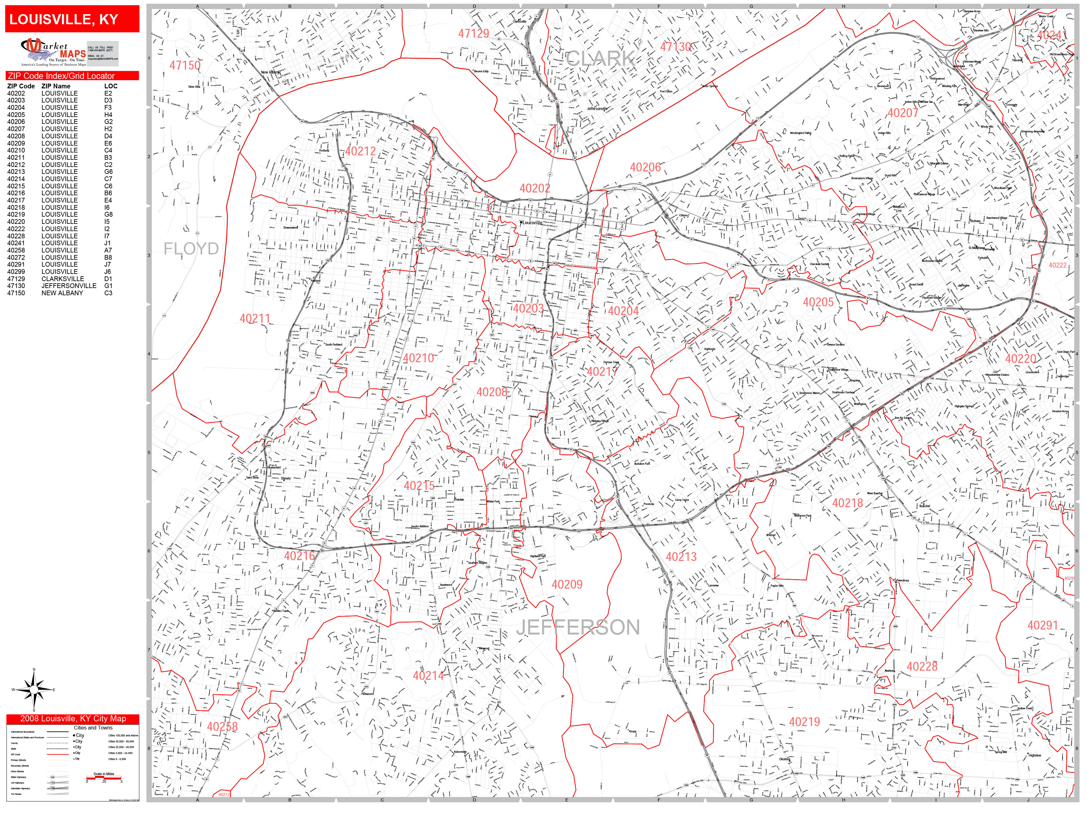 Louisville Kentucky Zip Code Wall Map Red Line Style By Marketmaps Mapsales 1231