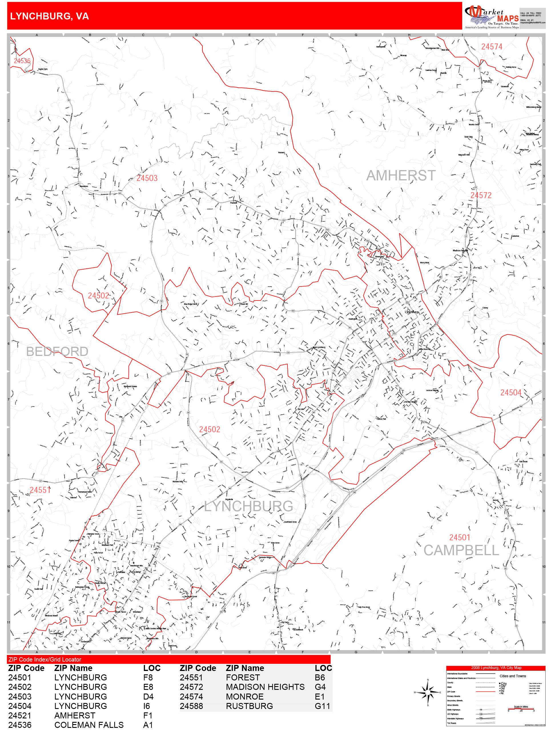 Lynchburg Virginia Zip Code Wall Map Red Line Style By Marketmaps