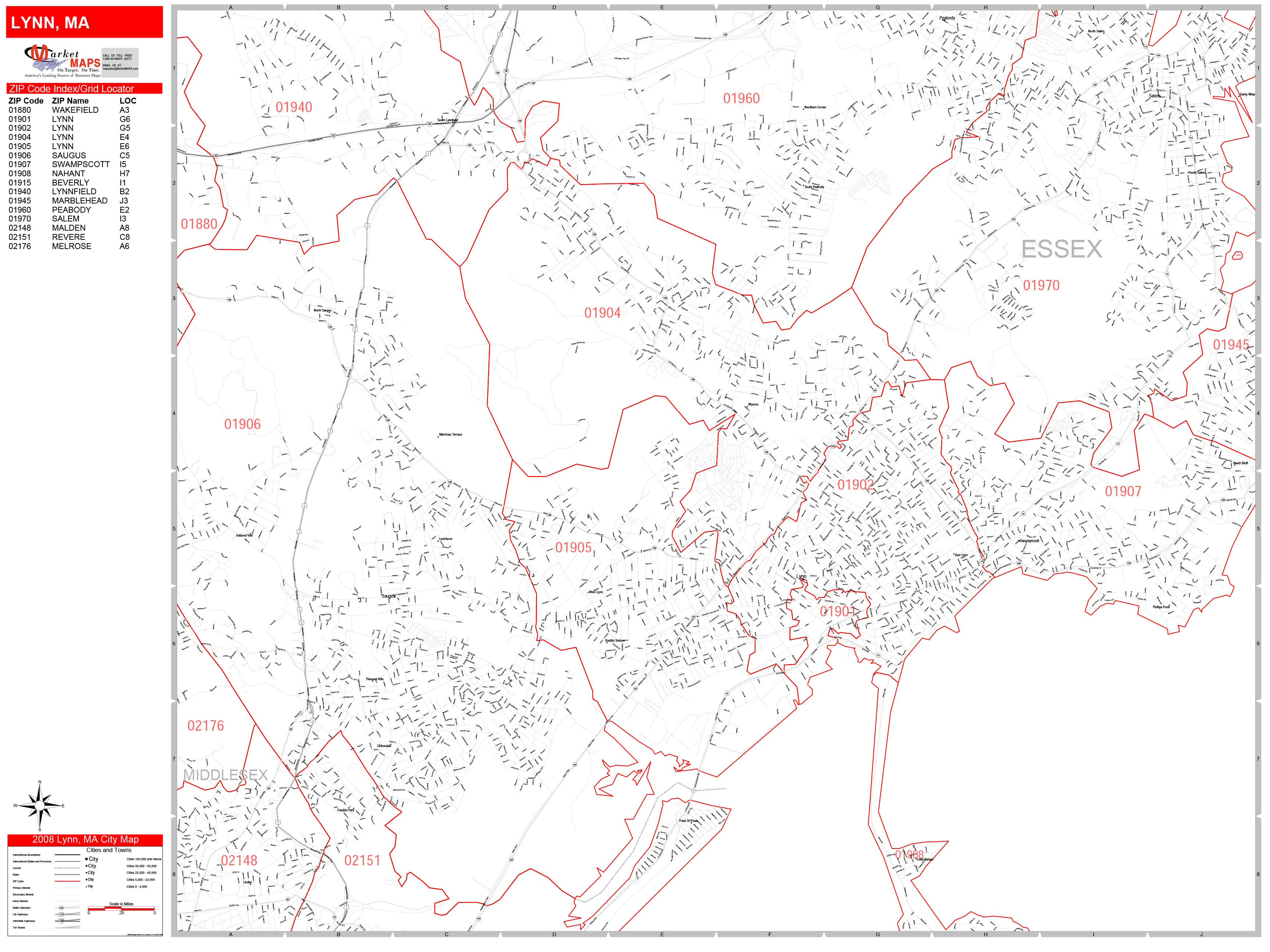 Lynn Massachusetts Zip Code Wall Map (Red Line Style) by MarketMAPS ...