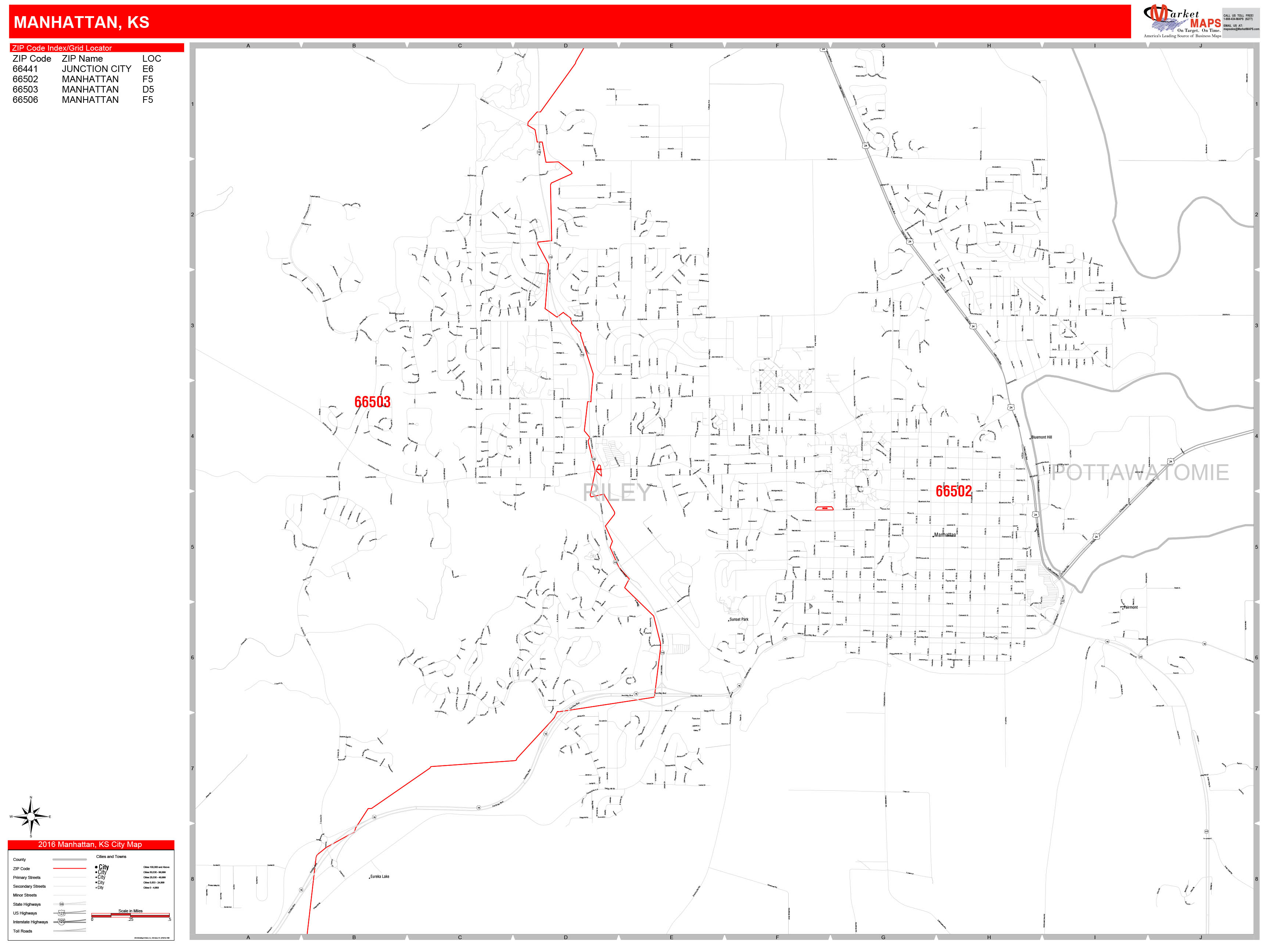 Manhattan Kansas Zip Code Wall Map (Red Line Style) by MarketMAPS