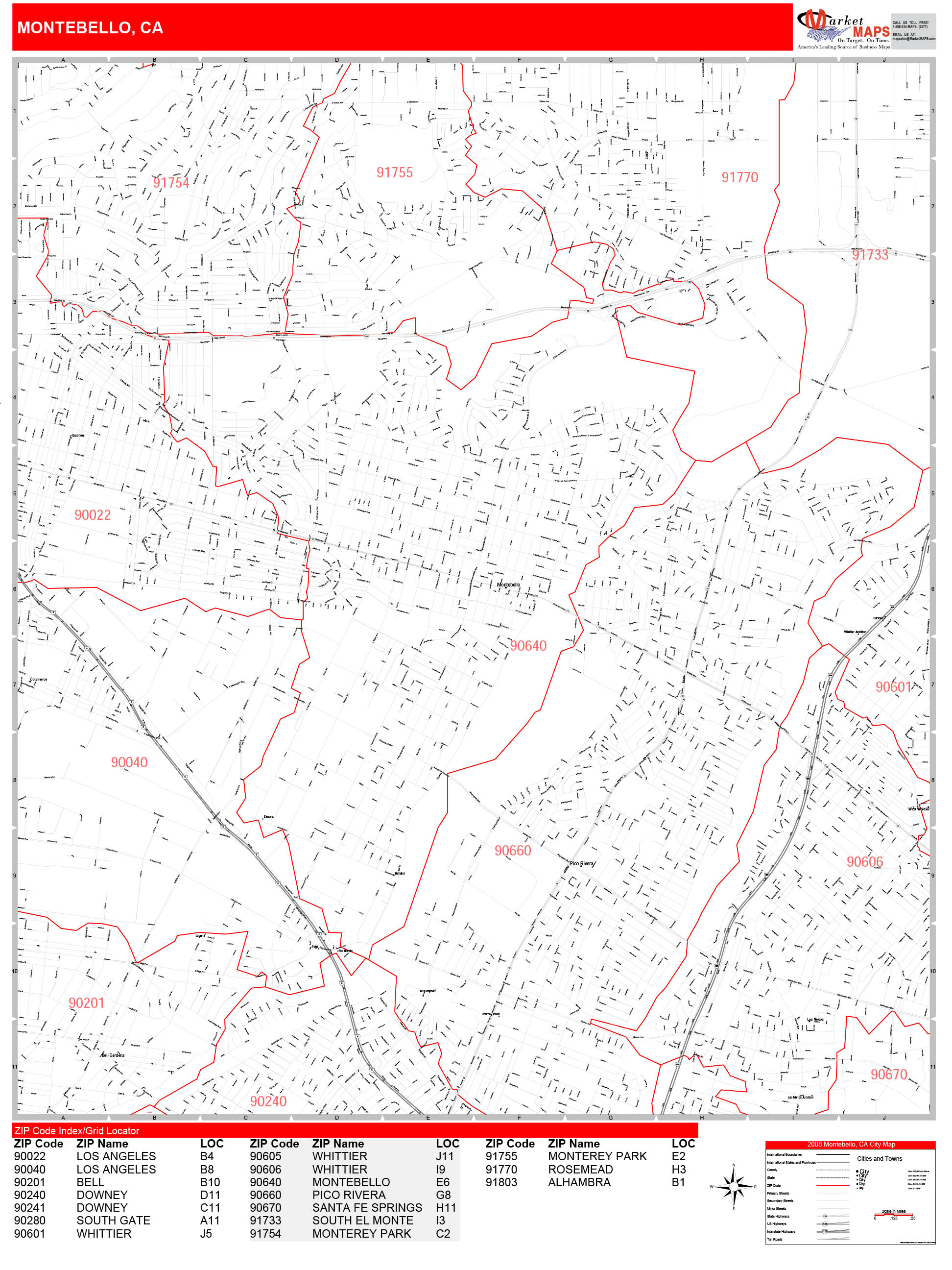 Montebello California Zip Code Wall Map (Red Line Style) by MarketMAPS ...