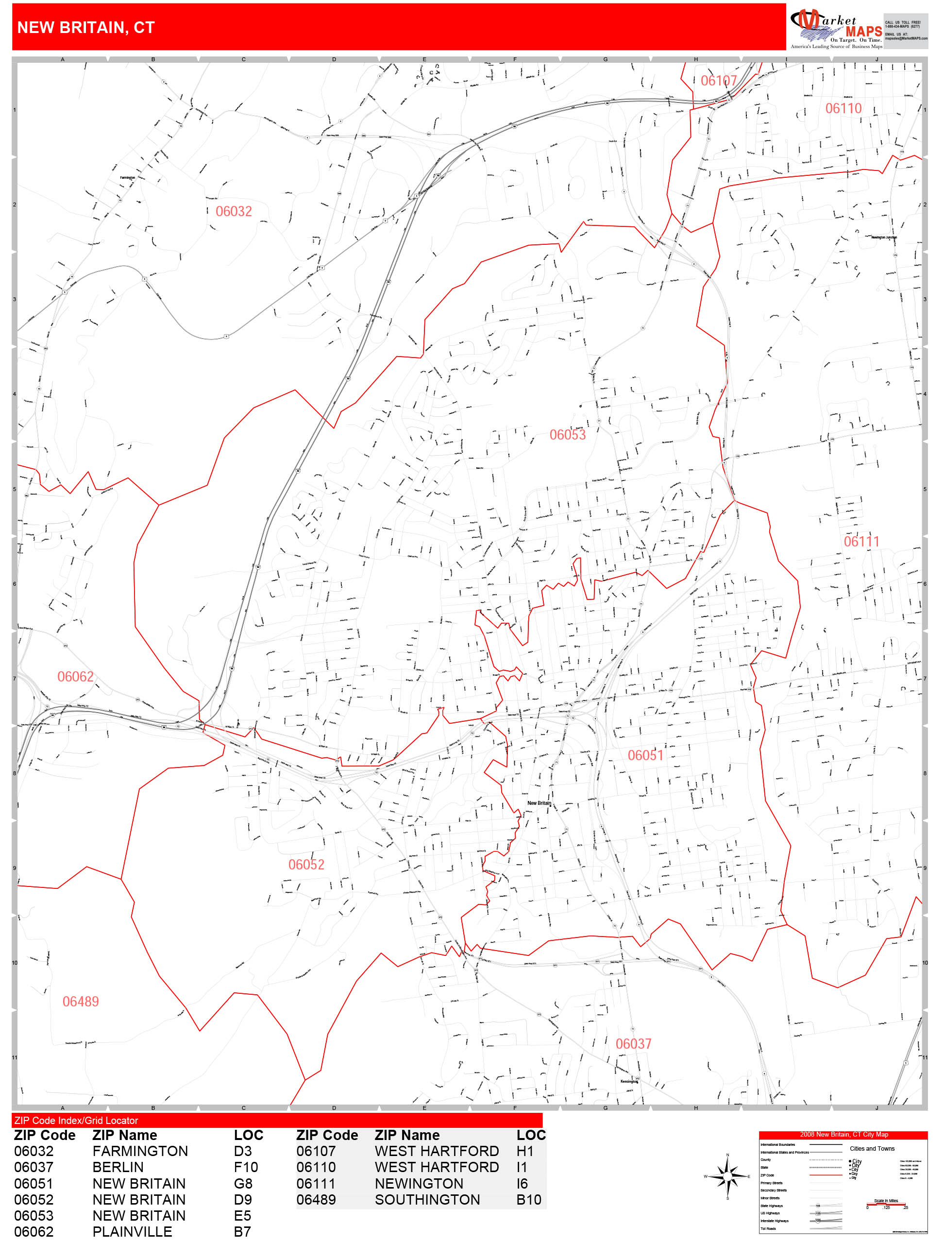 New Britain Connecticut Zip Code Wall Map Red Line Style By MarketMAPS   NewBritain CT 