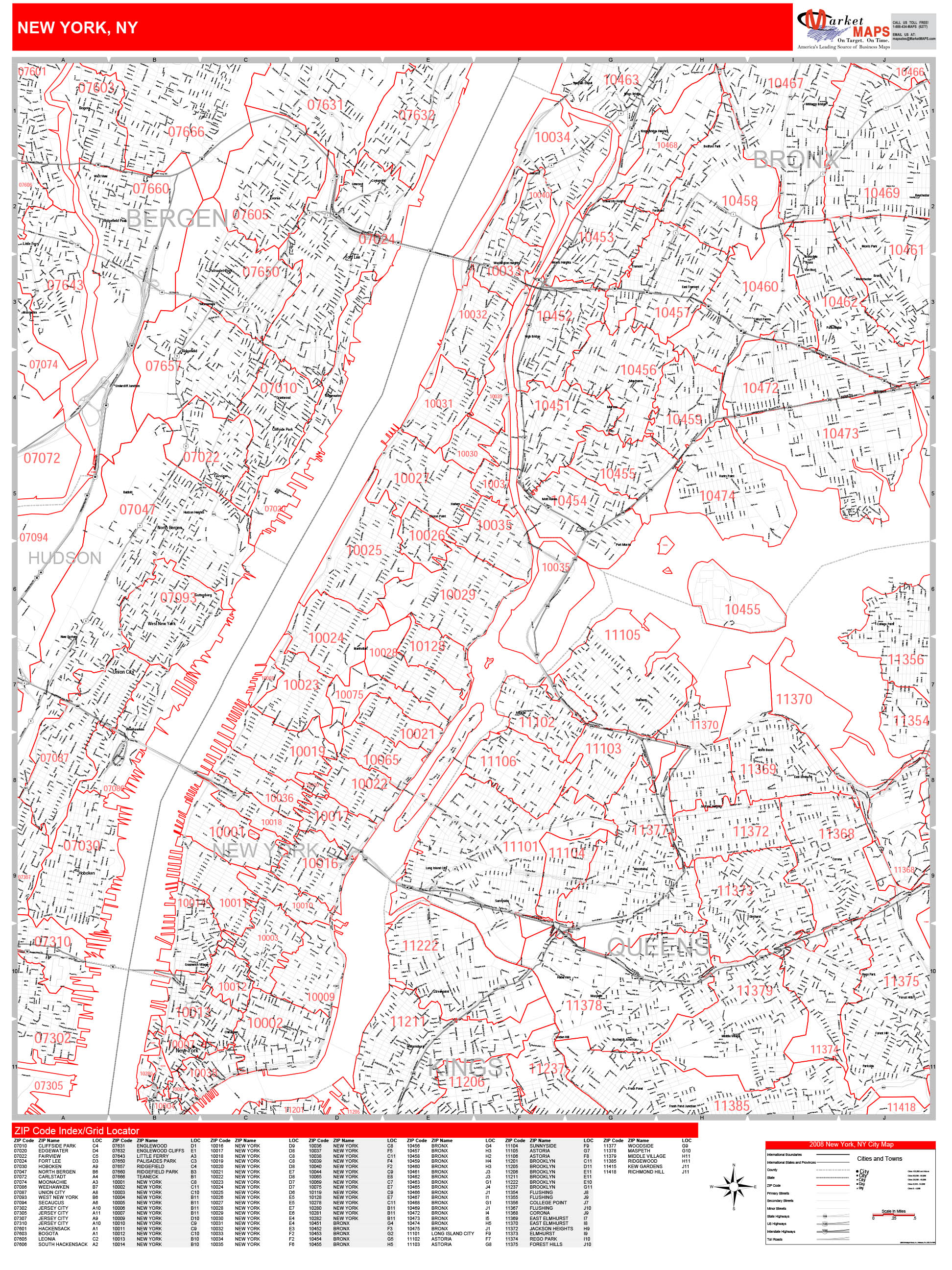 New York New York Zip Code Wall Map Red Line Style By Marketmaps